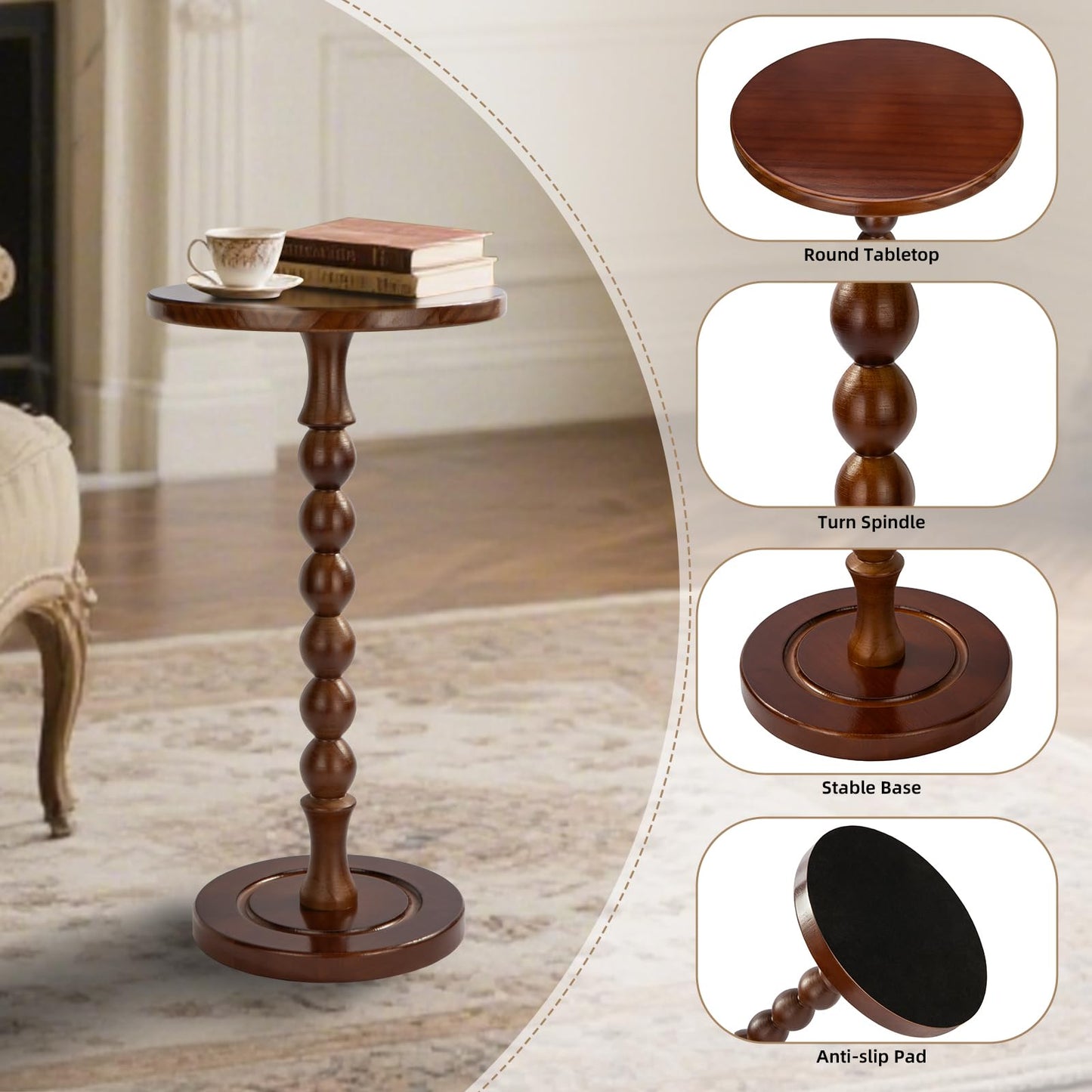 Lampaggio Round Side Table for Small Spaces, Drink Table with Oak Wood Pedestal, Modern End Table Nightstand for Living Room, Bedroom, Office, and Corners, Tool-Free Assembly, Brown