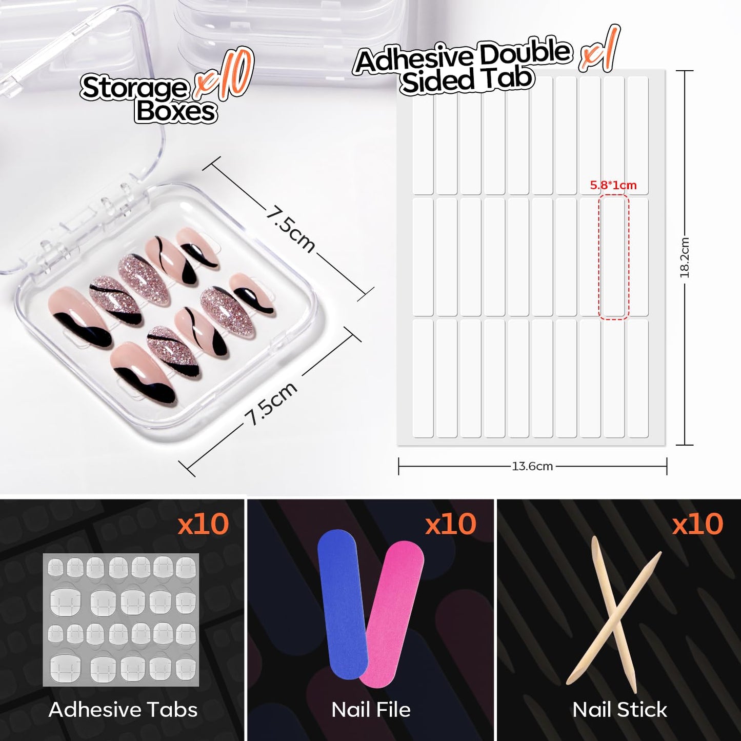 modelones 10pcs Press On Nail Storage Case Clear Acrylic Fake Nails Packaging Box with 30pcs Adhesive Double Sided Tape & 10pcs Nail Tool Kits Nail Supplies Container Transparent for Nail Salon DIY
