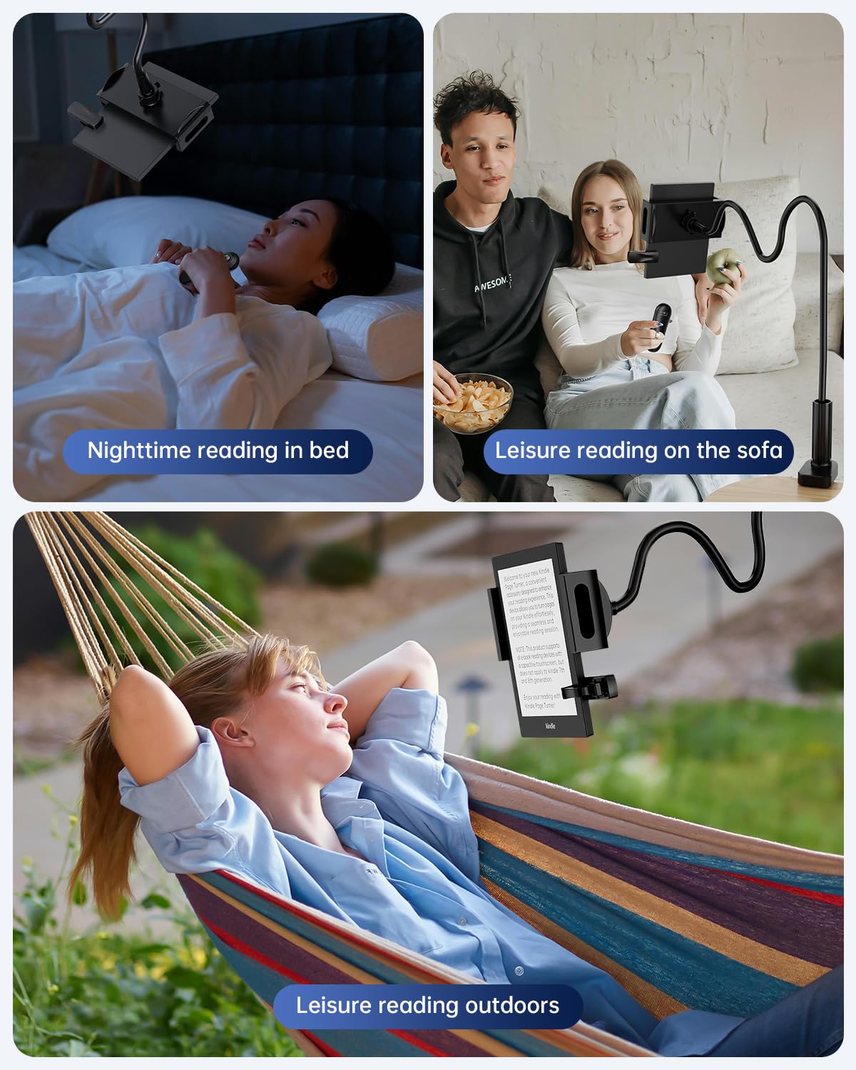 Bongogoo Kindle Holder with Remote Page Turner | Hands-Free Stand for Reading in Bed or Desk – Compatible with Kindle Paperwhite, Oasis, iPad, iPhone, and More | Fits Devices from 4.5” to 10”