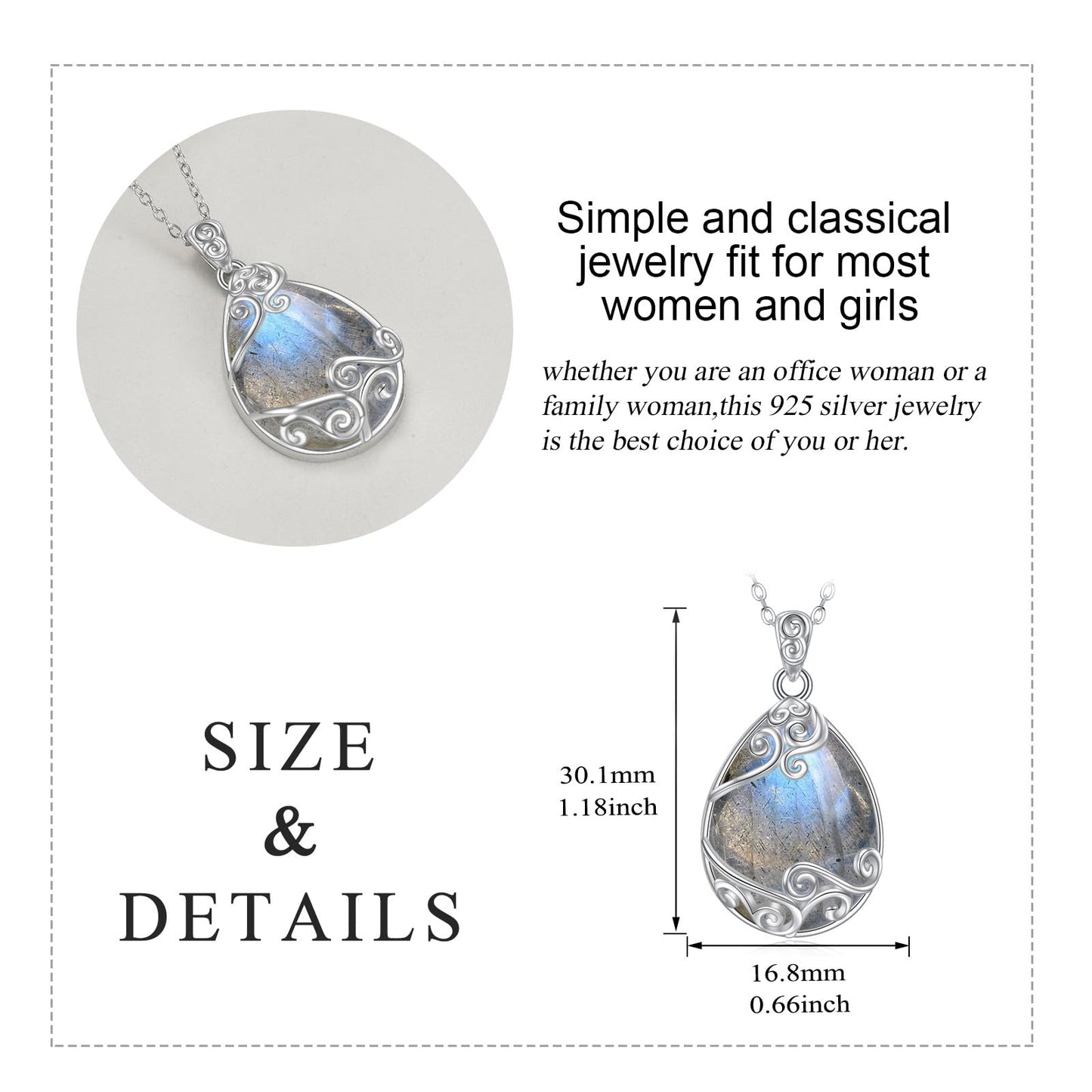 YAFEINI 925 Sterling Silver Labradorite Filigree Teardrop Pendant Necklace for Women