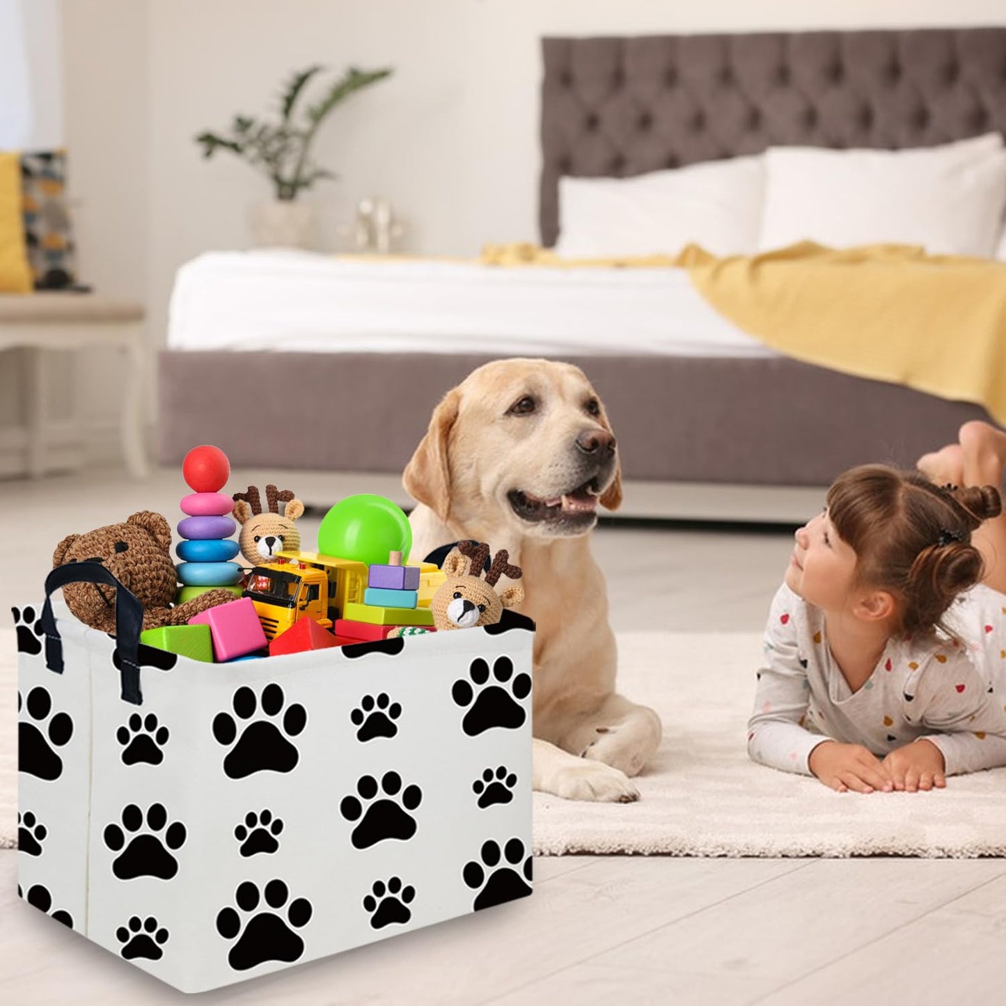 FXOCSHE Rectangular Dog Basket,Nursery Hamper,Collapsible canvas kids toy storage box,Kids room storage basket,Pet decor(Dog paw)