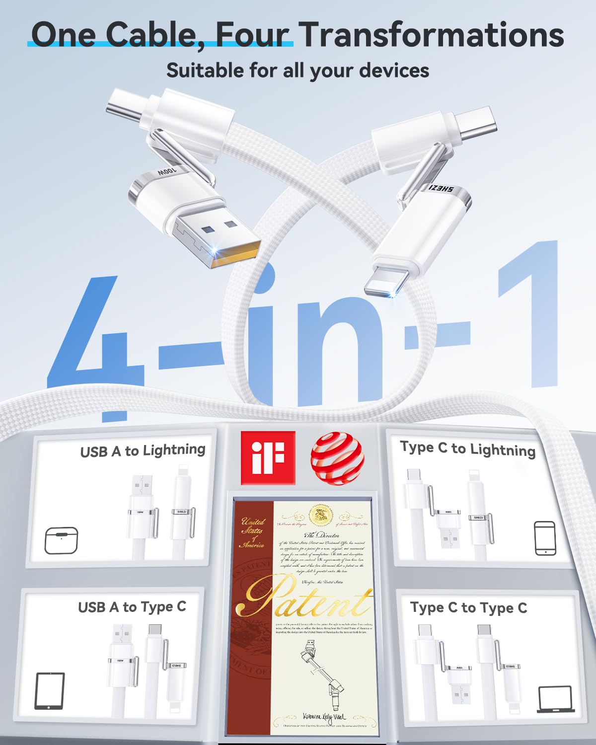 SHEZI 4-in-1 Compatible with USB C to Lightning Cable 100W Fast Charging & Data Transfer, Support to CarPlay & Android Auto, 5FT Multi Cords Charger for iPhone/iPad/Samsung/MacBook Cable, White