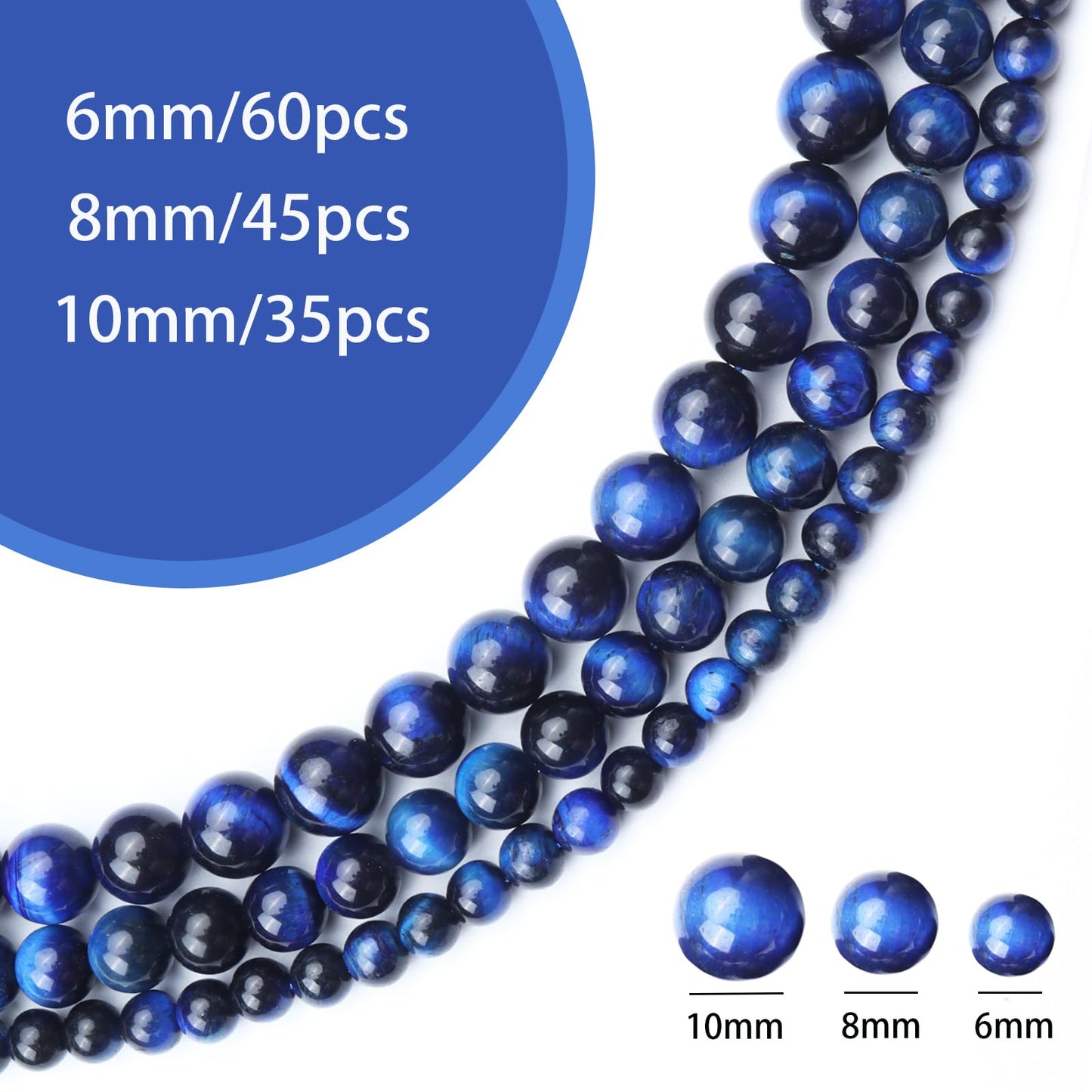 Siomia 60pcs 6mm Natural Blue Tiger Eye Gemstone Beads Energy Healing Crystal Round Loose Stone Beads for Jewelry Making, DIY Bracelets Necklaces