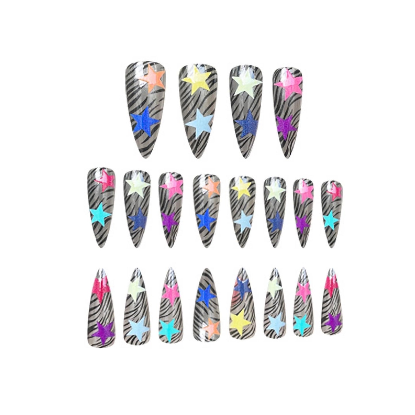 MERVF Long Stiletto Press on Nails - Colorful Star Fake Acrylic Nails, Tiger Animal Print Design Almond Summer 24pcs Glossy