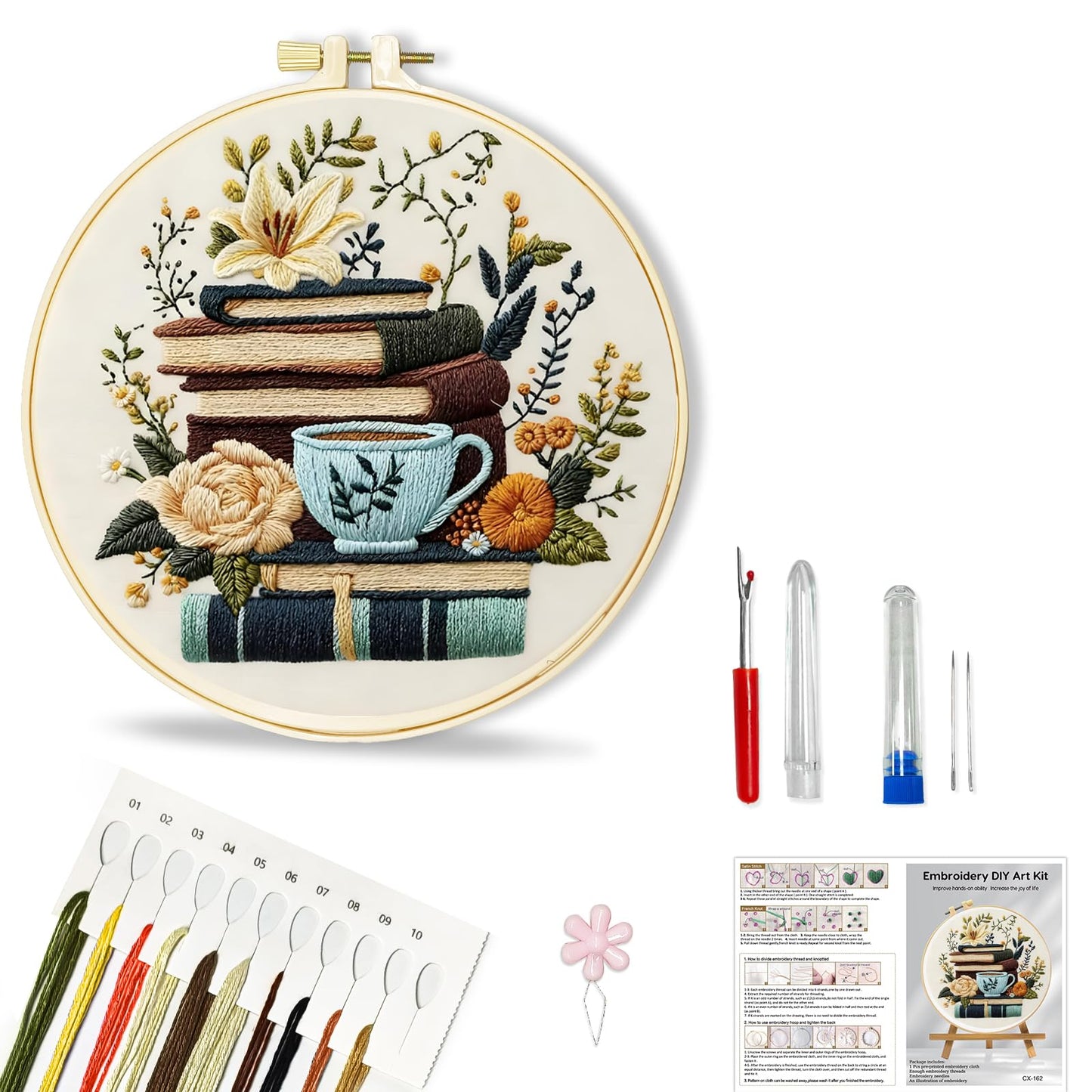Huacan Flowers Embroidery Kit for Beginners Stamped Books and Flowers Pattern Cross Stitch Kit with Instructions