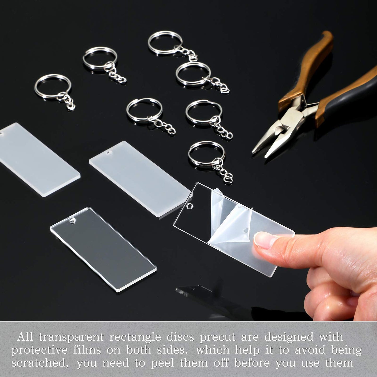 Hicarer 120 Pcs Acrylic Keychain Blanks Set Rectangle Clear Acrylic Ornament Blank for Vinyl DIY Projects and Crafting(3 x 7 cm)