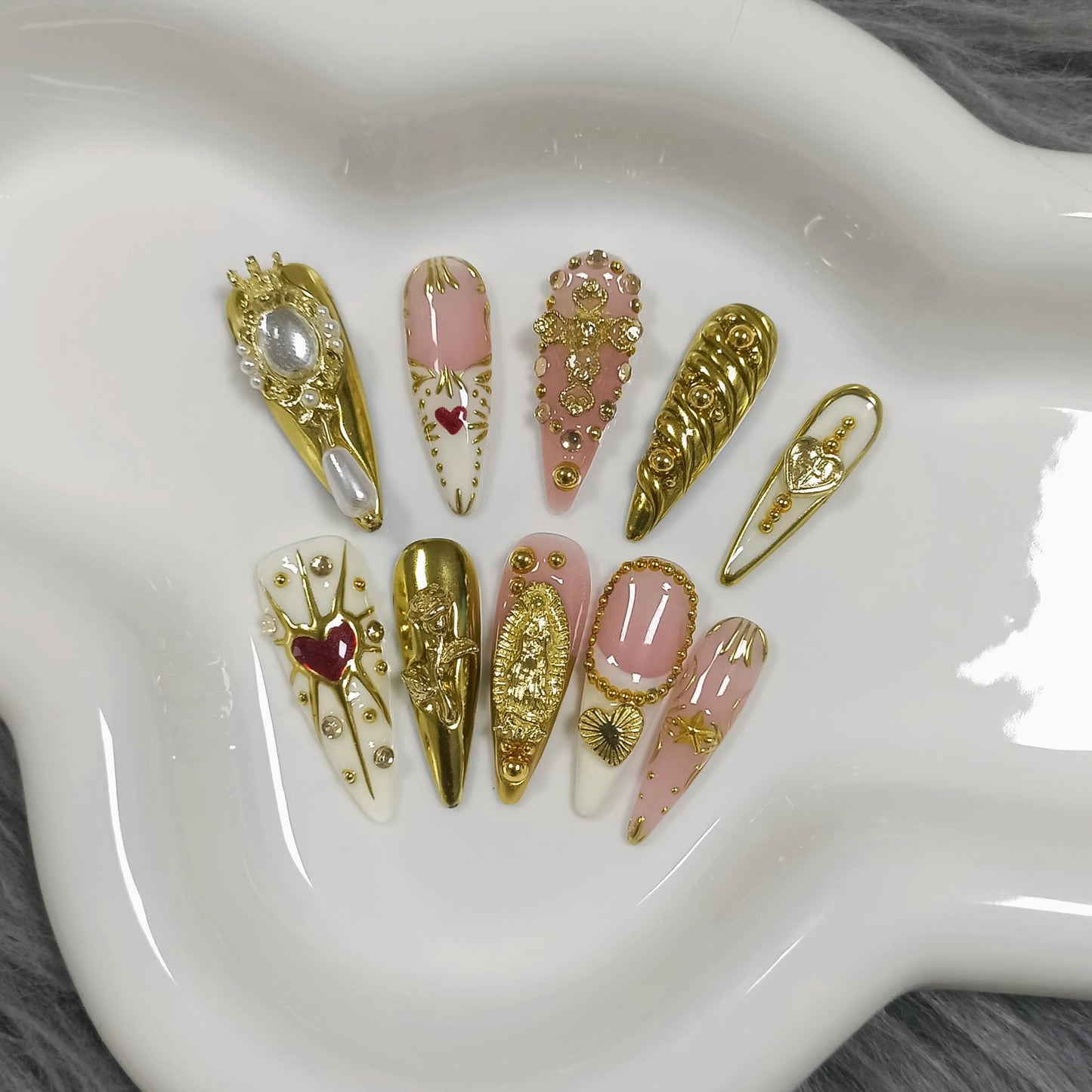 TENPAL 10Pcs Handmade Egyptian Press On Nails With Tools,Golden Palace Long Stiletto Glue on Nails,Glossy Sacred Rose & Cross Charms Fake Nails with Crystal Luxe,Acrylic Nails for Women Gifts(S)