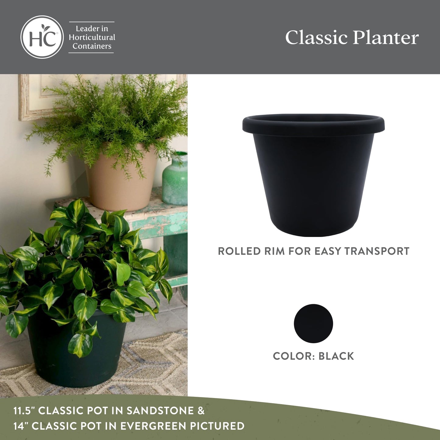 The HC Companies 11.5 Inch Classic Round Planter Pots with Drainage, Rolled Rim Plastic Planters for Indoor & Outdoor Plants, 2-Pack Decorative Flower Pots for Garden, Office & Home Decor, Black