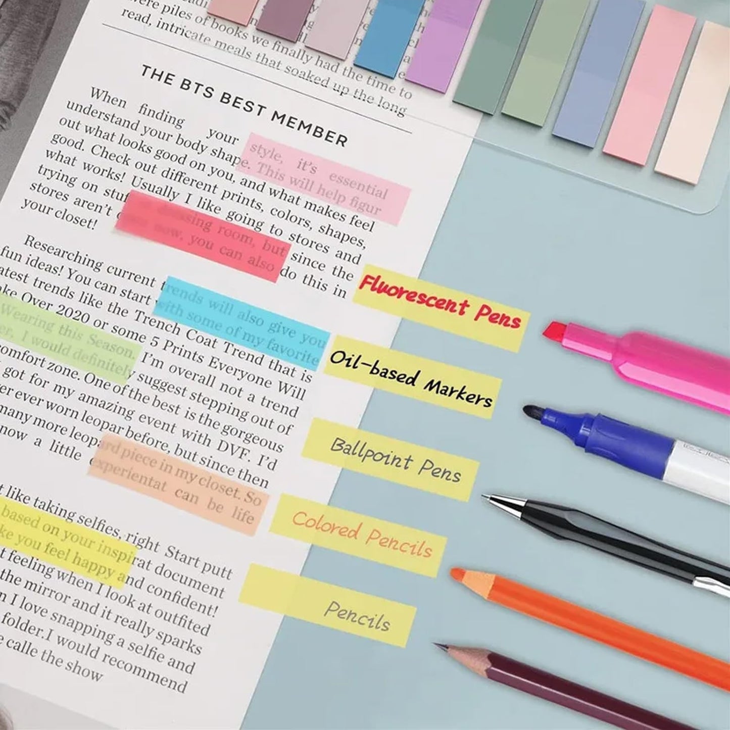DHYLRICHER 38 PCS Annotation Set with Aesthetic Highlighters, Gel Pens, Sticky Notes & Tabs, Dual Tip, Fast Dry Ink Pens for Book Marking and Office Use