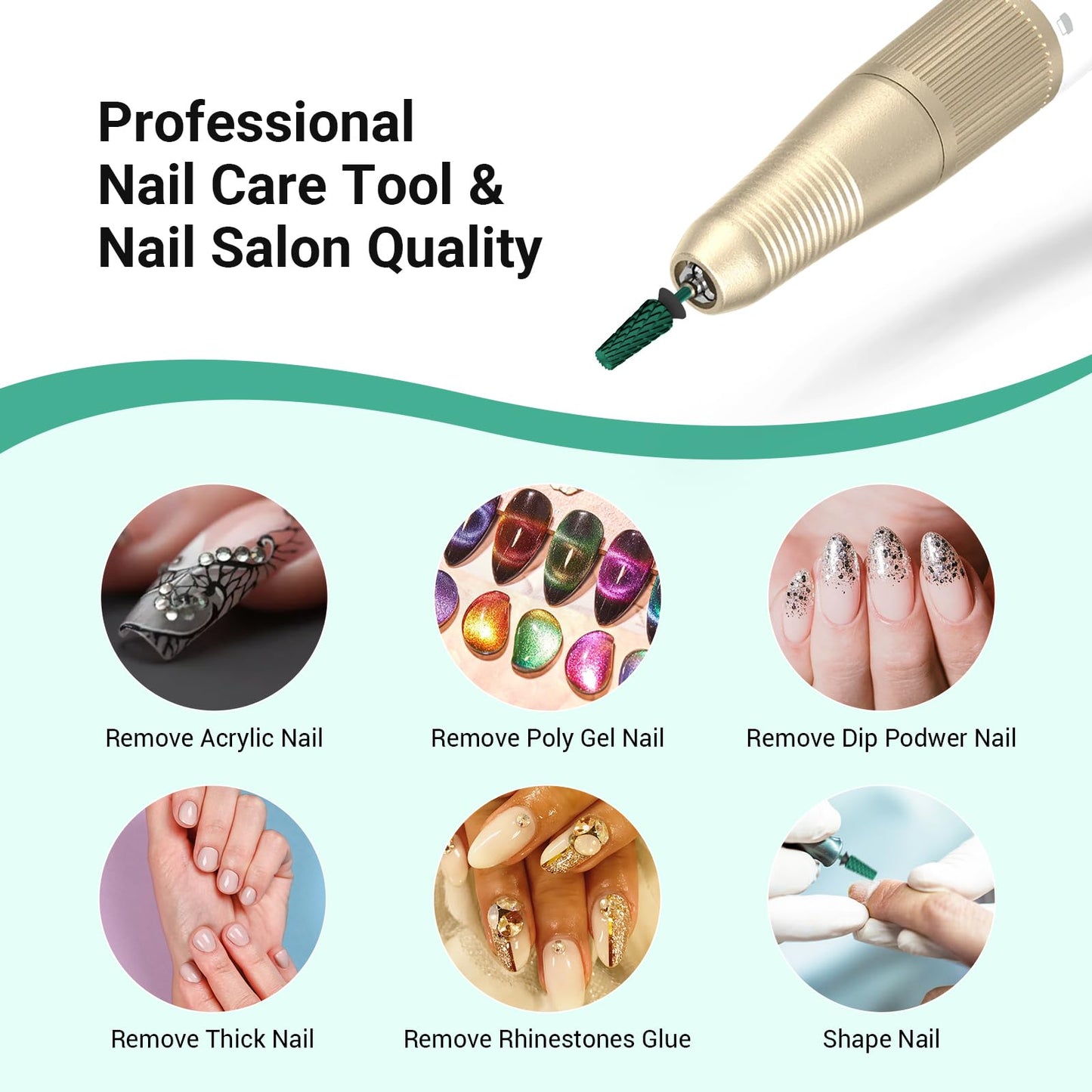 MelodySusie Super Cut Edition 5 in 1 Nail Drill Bits, 3/32'' Carbide Tungsten Multi-function Bits, Suitable for Manicure Pedicure Cuticle Gel Polishing, Green, Series Bit-M, XC