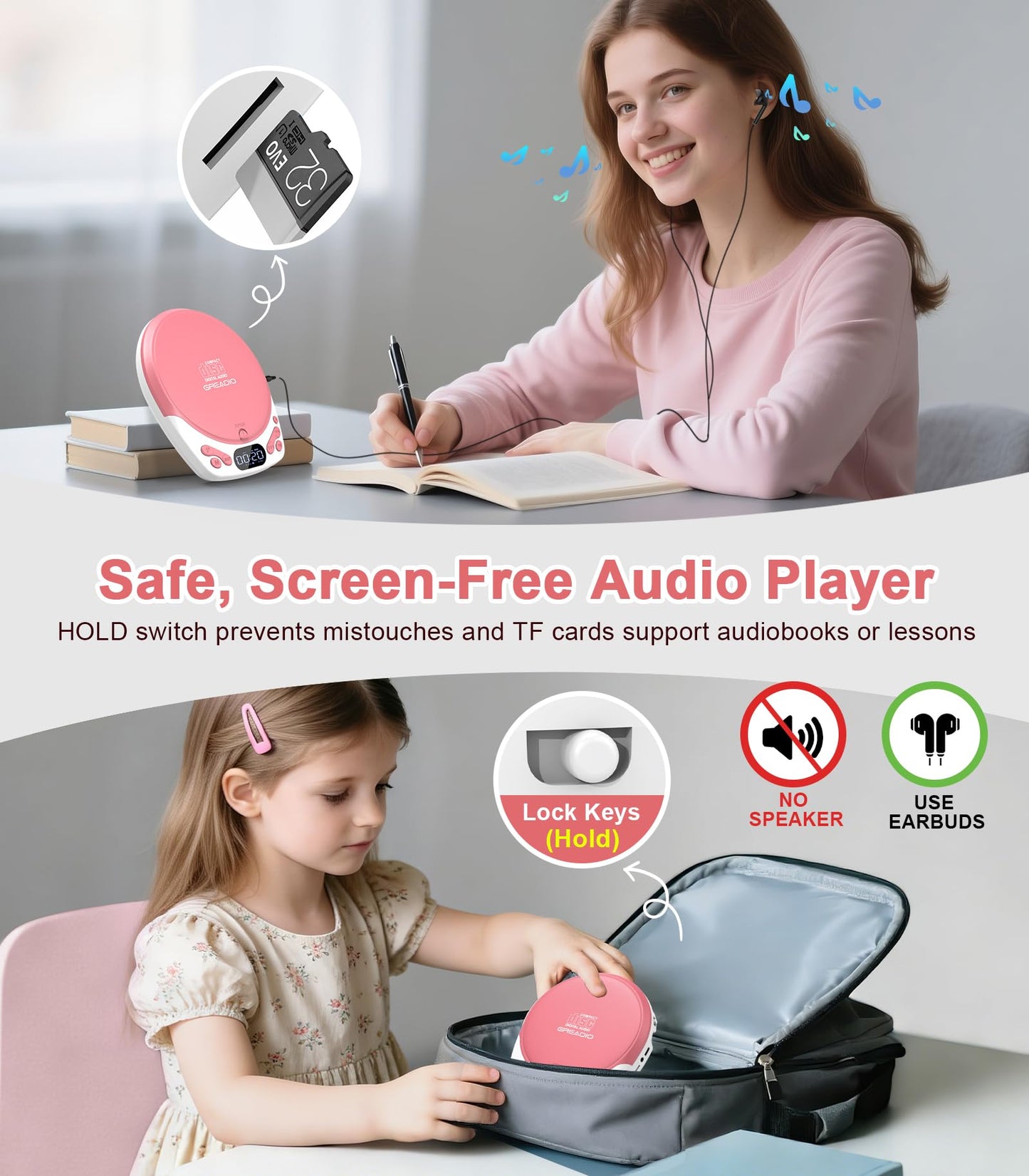 Greadio Discman CD Player with Headphones, Portable Pink CD Player for Car & Home, Rechargeable CD Players with 60s Anti-Skip, Supports CD/MP3/WMA/TF Card/AUX, Backlit/Lock/Programmable/Timer