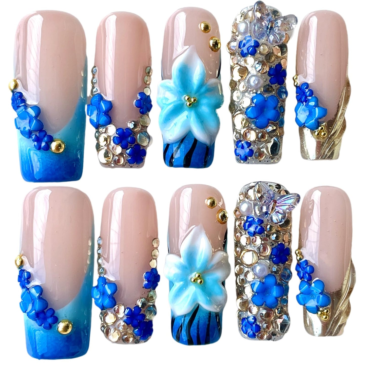 Handmade 3D Floral Press On Nails, Medium Long Square Shape, Blue Gradient with Rhinestones, Gold Beads, Reusable Acrylic False Nails (Blue enchantress, L)