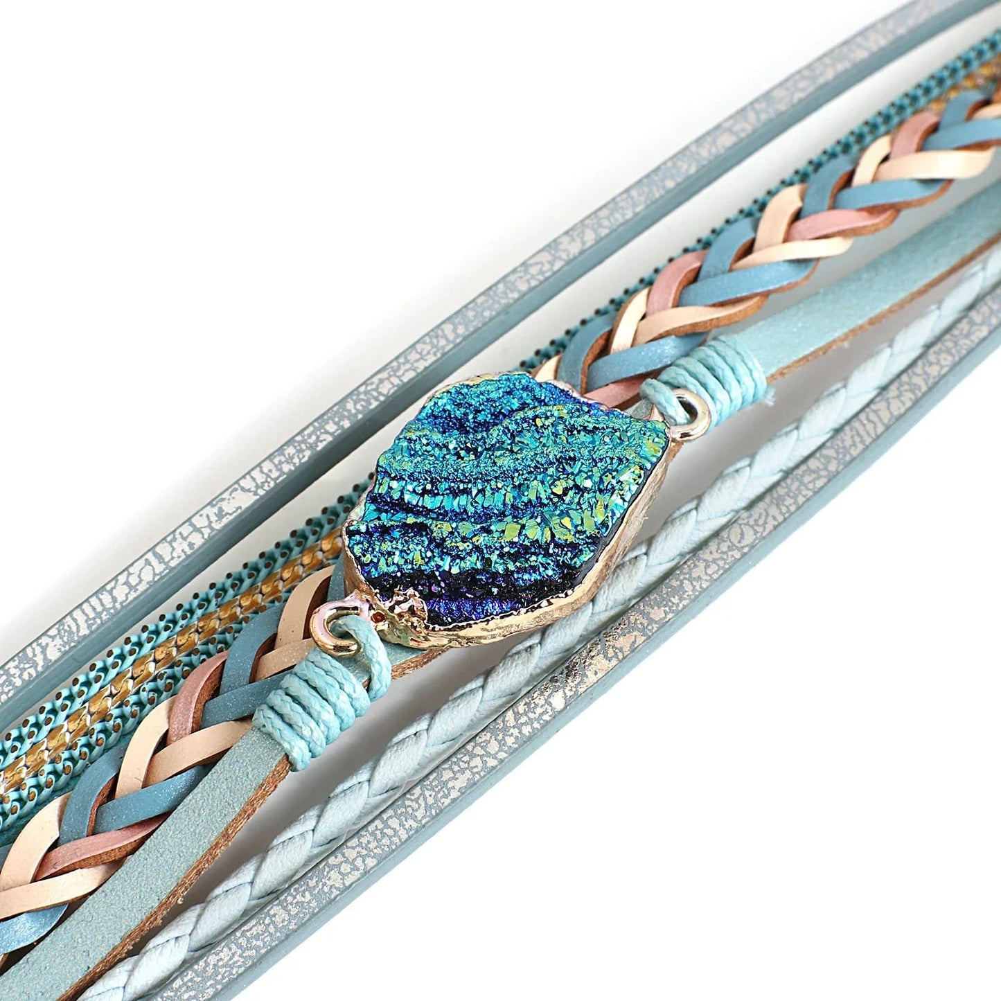 Leopard Bracelet for Women, Boho Leather Wrap Multi-Layer Pearl Crystal Bracelet Bangle Jewelry(Woven Leather(Blue))