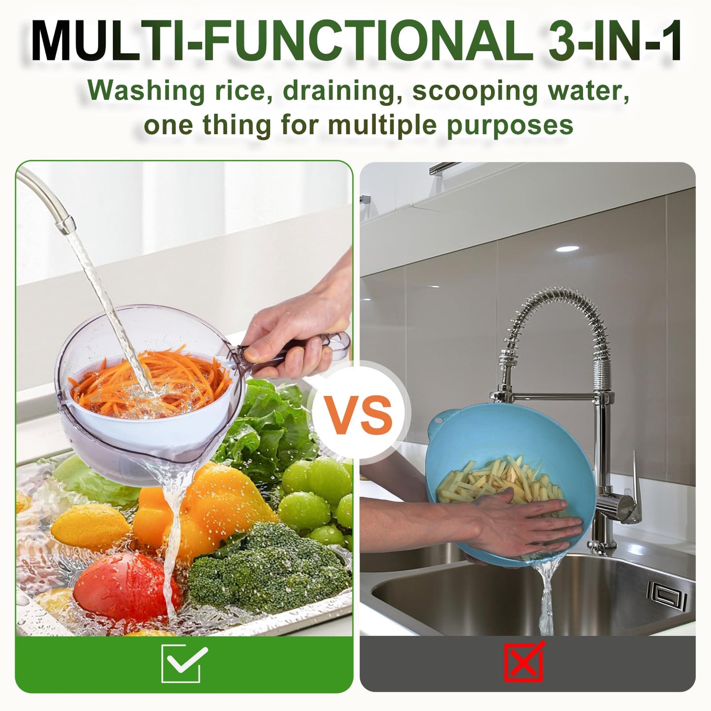 3-in-1 Kitchen Tool: Works as Rice Strainer, Fruit Washing Bowl with Strainer, Water Scoop. PET+PP Material, Rotatable Inner Basket for Easy Draining, Ideal for Rinsing Rice, Washing Fruits/Veggies.