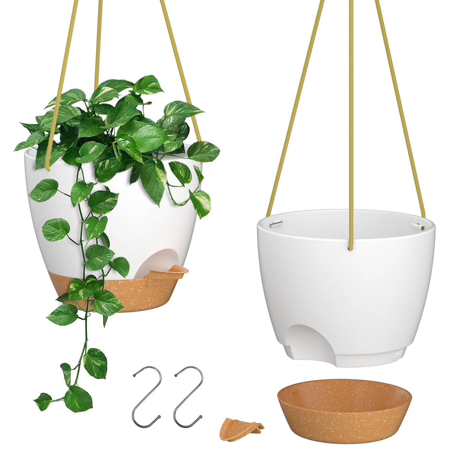 ZMTECH 6.5 Inch Hanging Planters for Indoor Outdoor Plants, 2 Pack Self Watering Hanging Plant Pots with Drainage Holes and Removable Saucer, Plastic Flower Hanging Pots with Watering Lip (White)