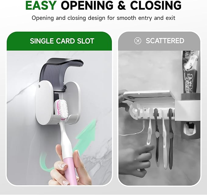 2 Pcs Toothbrush Holders Wall Mounted, Single Slot Design, Shower Self Adhesive Wall Mounted Toothbrush Holder with Cover, Waterproof and Dustproof, Suitable for Bathroom, Family, Travel (Grey)