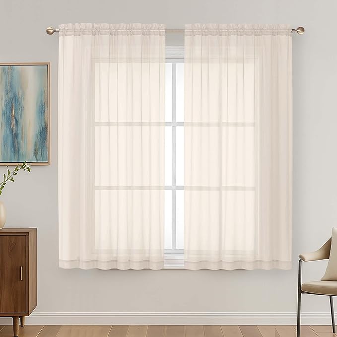 OVZME Cream Sheer Curtains 63 Inches Long 2 Panels Set, Light Filtering Sheer Curtains for Living Room Bedroom 59 Inch Extra Wide, Modern Voile Filmy Rod Pocket Window Drapes, 59Wx63L Inches