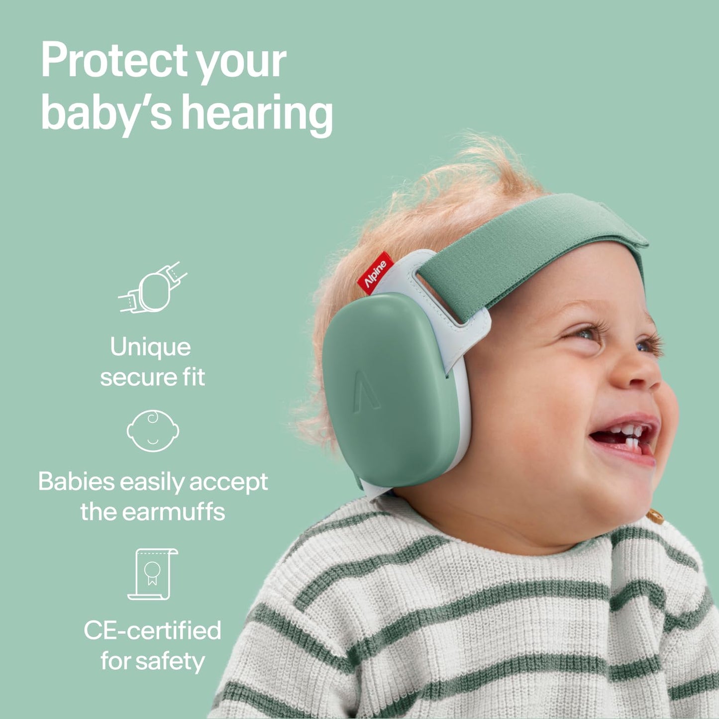 Alpine Muffy Baby Comfort - Protects Hearing for Babies and Toddlers - CE & ANSI Certified - Headband for Safe fit & Comfort - Adjustable for Ages 3-48 Months - 24dB Sound Reduction, Green
