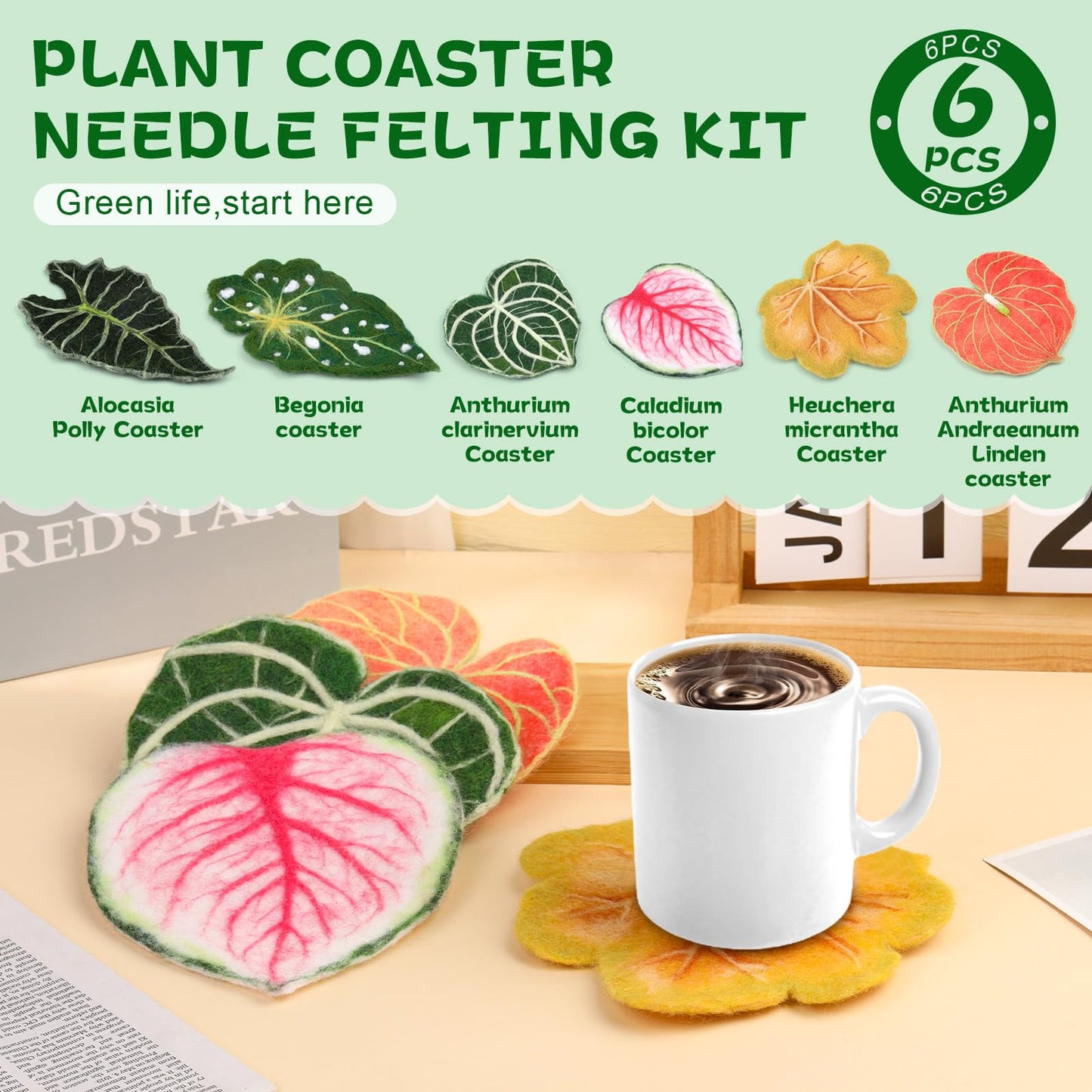 OEHPICC Needle Felting Kit, 6 Pcs Plant Leaf Coasters Needle Felting Starter Kit,Wool Felting Kit with Wool Roving, Foam Pad and Instructions for DIY Felting Starters