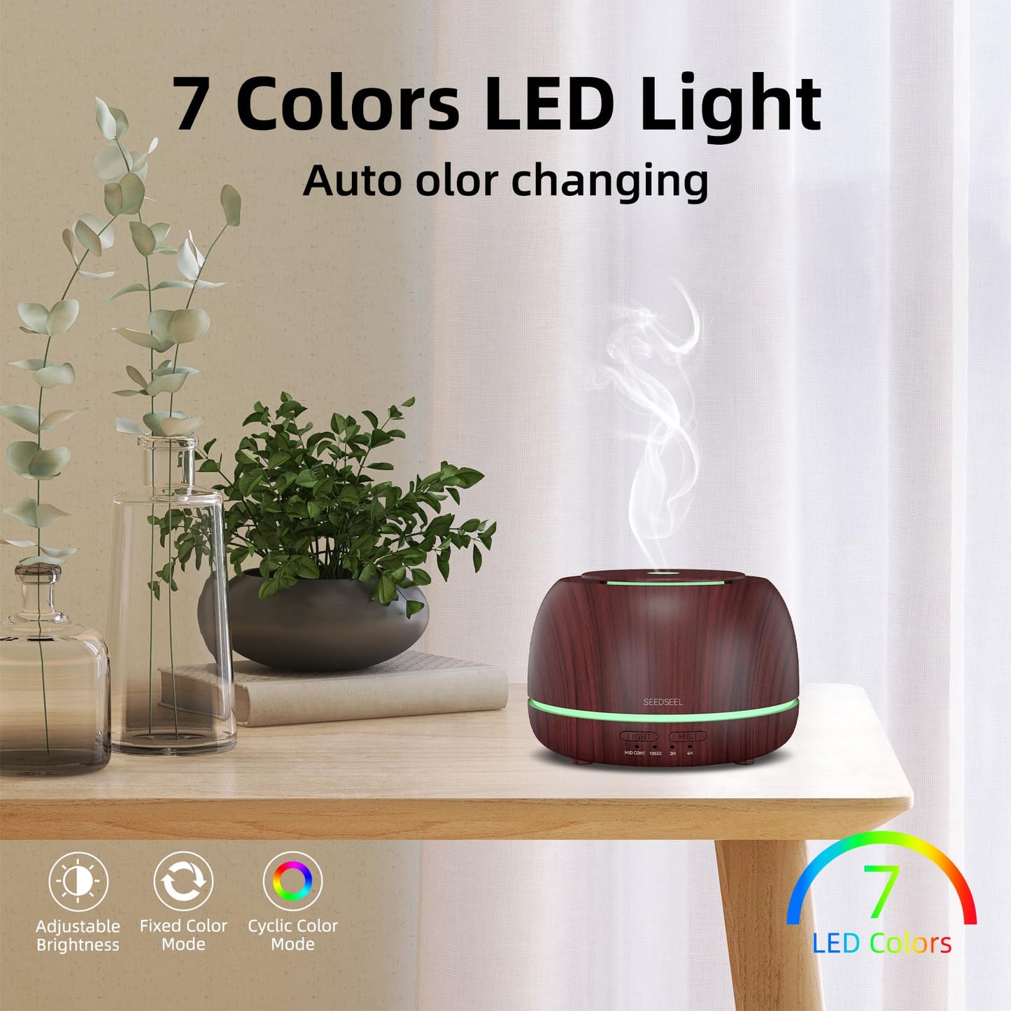 SEEDSEEL 300ML Essential Oil Diffuser with Remote Control,7 LED Colour Lights,4 Timer, Quiet,Ultrasonic Aromatherapy Diffuser for Bedroom, Living Room, Desk,Office