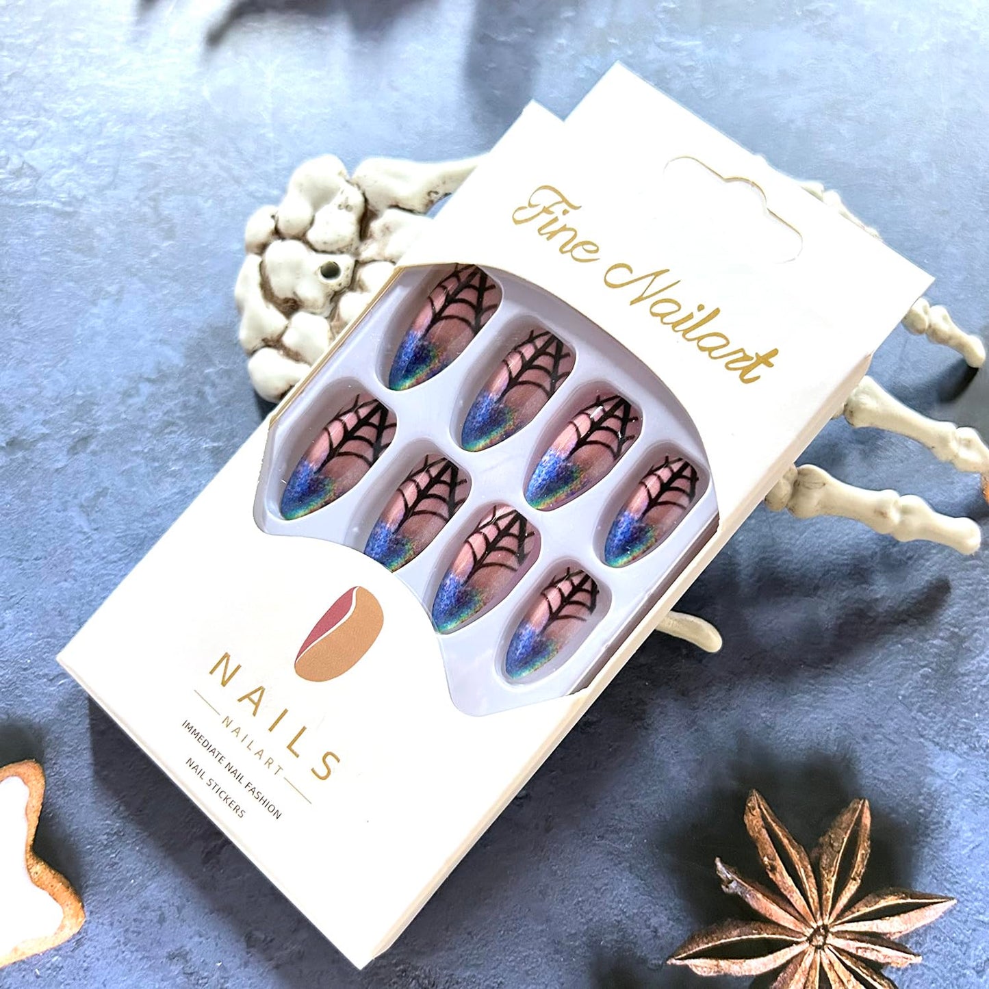 CJDLTS Halloween Press on Nails Medium Almond Black Spider Web Pattern Design Halloween Nail Full Cover Glossy Artificial Acrylic False Nail Laser French Tip Festival Stick on Nails for Women 24Pcs