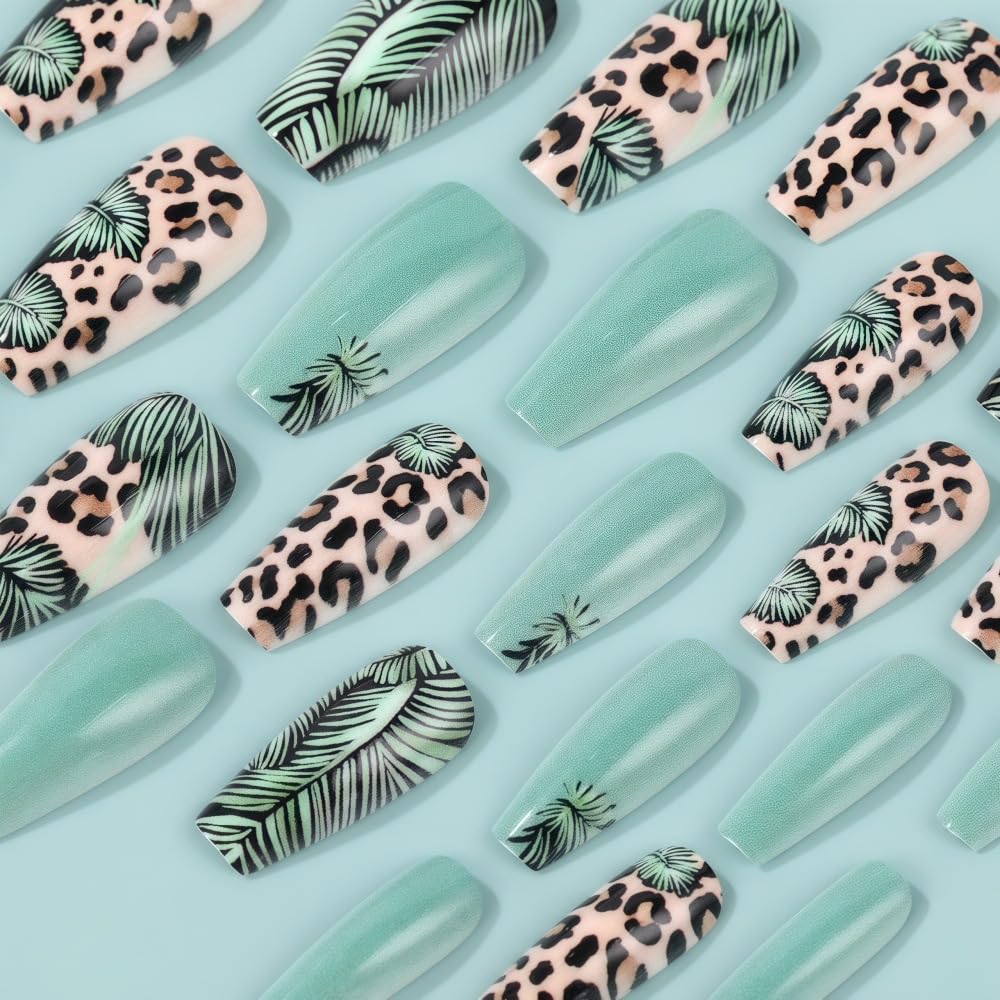 Green Leopard Print Press on Nails Medium Square Fake Nails Palm Leaf False Nails with Solid Color Green Designs Full Cover Acrylic Nails Glossy Cheetah Finger Manicure for Women 24Pcs