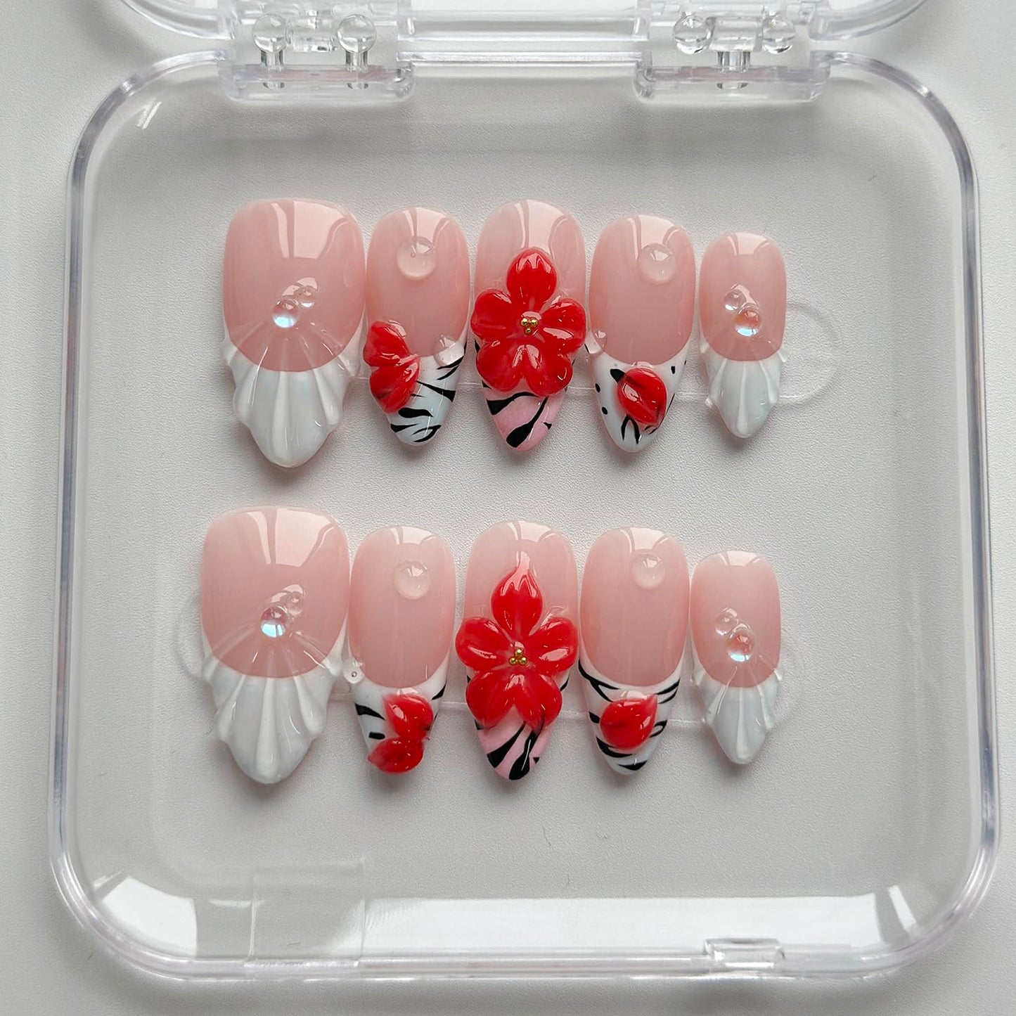 Luxury Press on Nails Medium Almond Handmade 3D Unique Reusable ABS Material Fake Nails White French Tip False Nails with Designs Water Drop Red Flower Glossy Glue on Nail Thick Acrylic Nail(M)