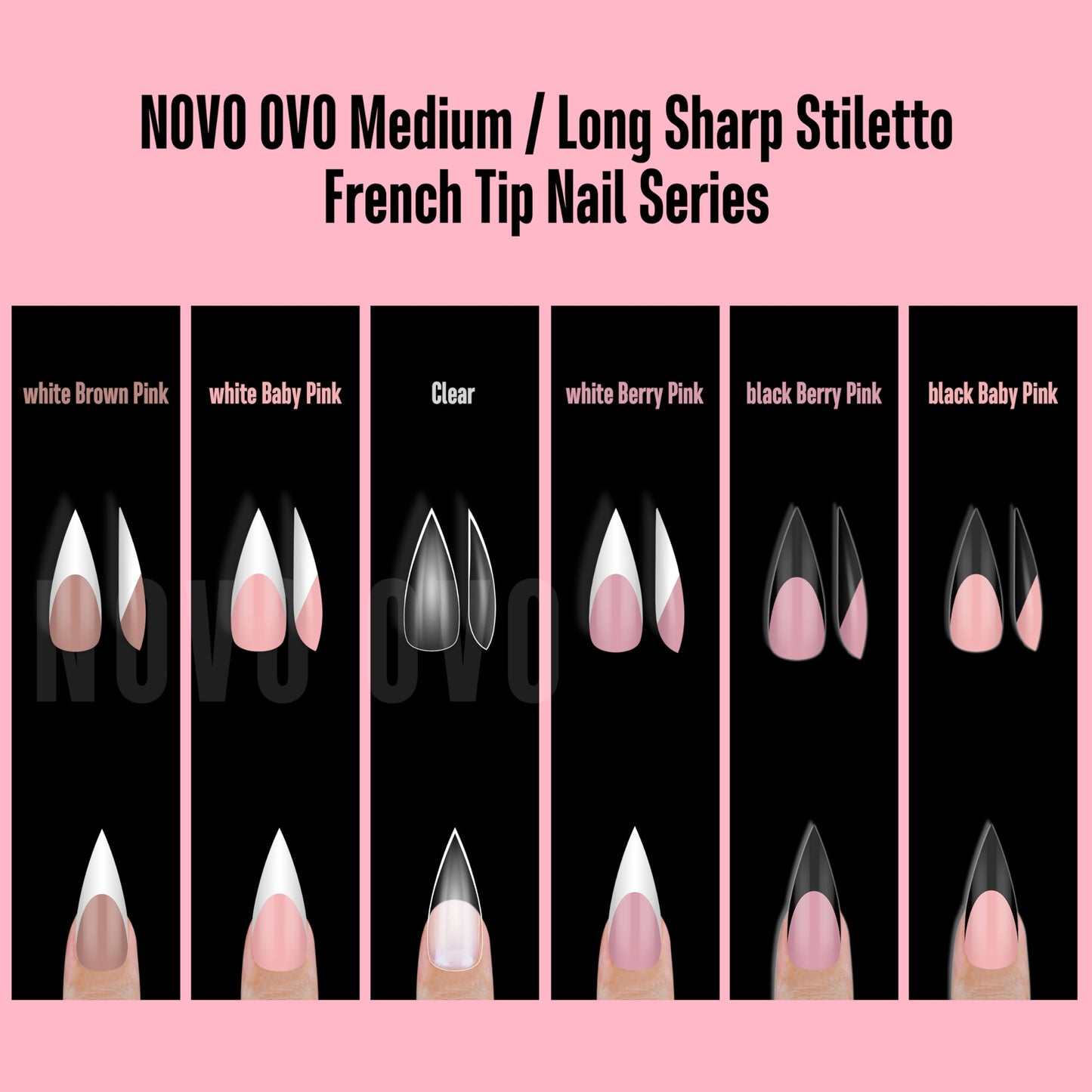 NOVO OVO Medium Long Sharp Stiletto Nail Tips (White French Tip) - Brown Pink Nude Soft Gel Press Ons, Pre-Designed Full Cover Fake Nails for Instant Salon Manicure, 16 Sizes (160 Pcs)