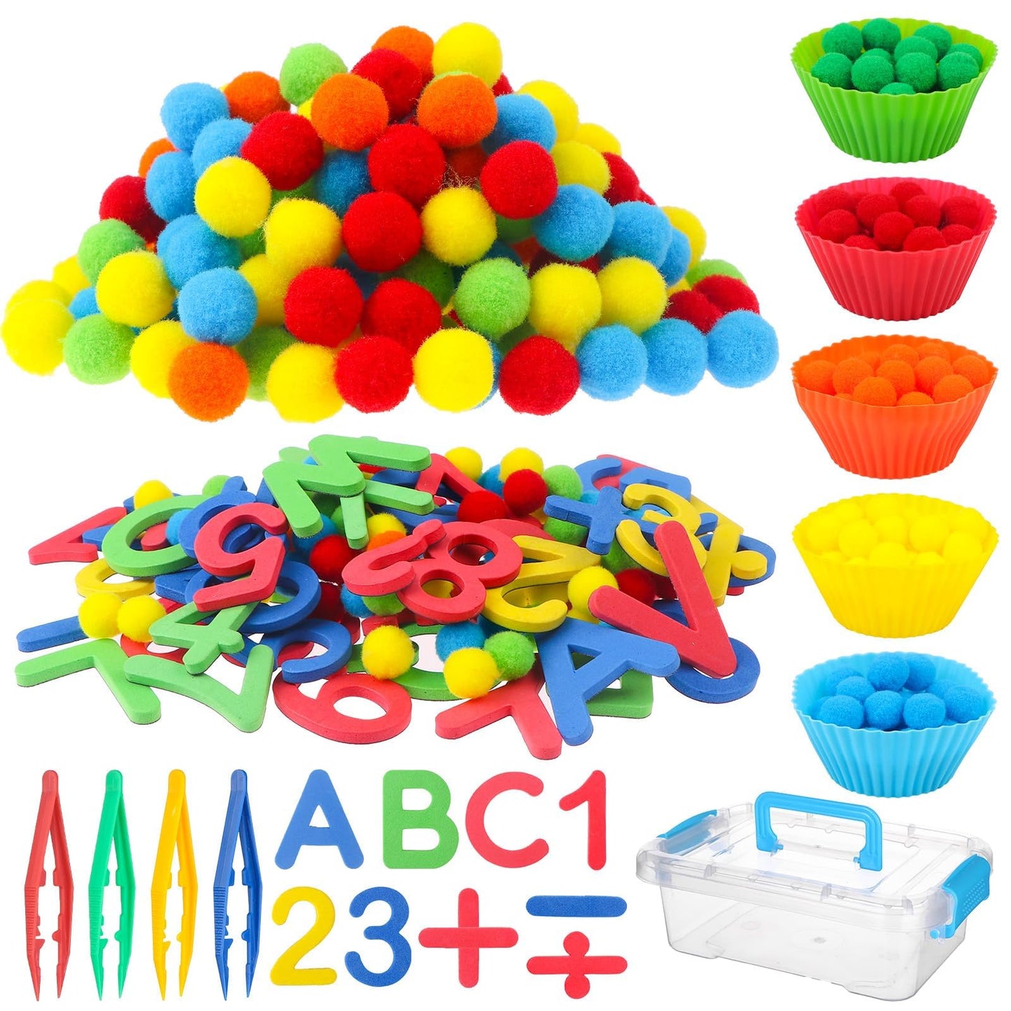 286Pcs Letters and Numbers Sensory Bin Filler Fine Motor Toys Counting Sorting 200 Felt Pompoms 76 Magnetic Letters Numbers 4 Tweezers 5 Silicone Plates 1 Storage Box for Counting Sorting DIY Crafts