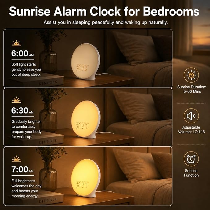 JALL Sunrise Alarm Clock White Noise Machine with 25 Nature Sleep Sounds, Fully Dimmable Clock for Bedrooms, Heavy Sleepers, 17 Light Modes, Bluetooth Speaker