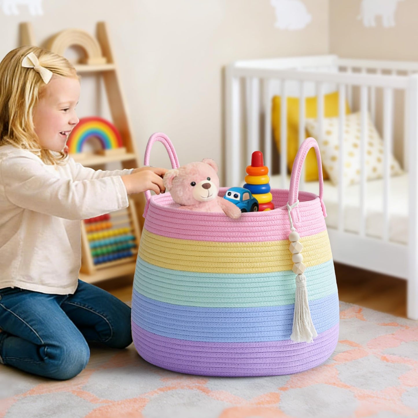 Degeyoyo Large Nursery Hamper, 30L Blanket Basket with Handle, Baby Laundry Basket for Gift, Toy, Clothes, Woven Storage Basket with Wooden Bead Decor, Baby Hamper for Nursery(Rainbow)