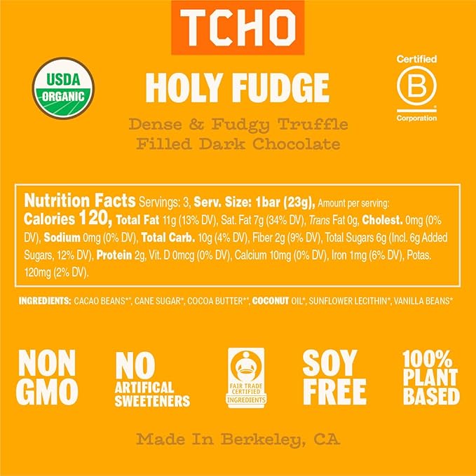 TCHO Holy Fudge 76% Dark Chocolate Bars (3 pack) | Single Origin, Plant Based, Organic & Fair Trade, | Non GMO, Non-Dairy, Vegan, Soy Free (2.5oz each)