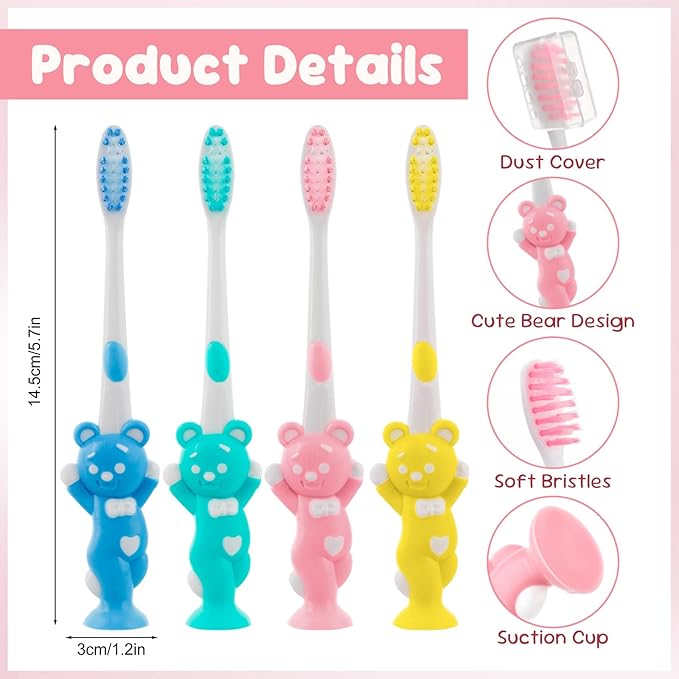 Toothbrushes for Kids In Bulk, Individually Wrapped Disposable Toothbrush Cute Manual Soft Bristles Children Toothbrush With Cover Suction Cup Toddler Toiletries Set for Home/School/Travel (100 Pack)