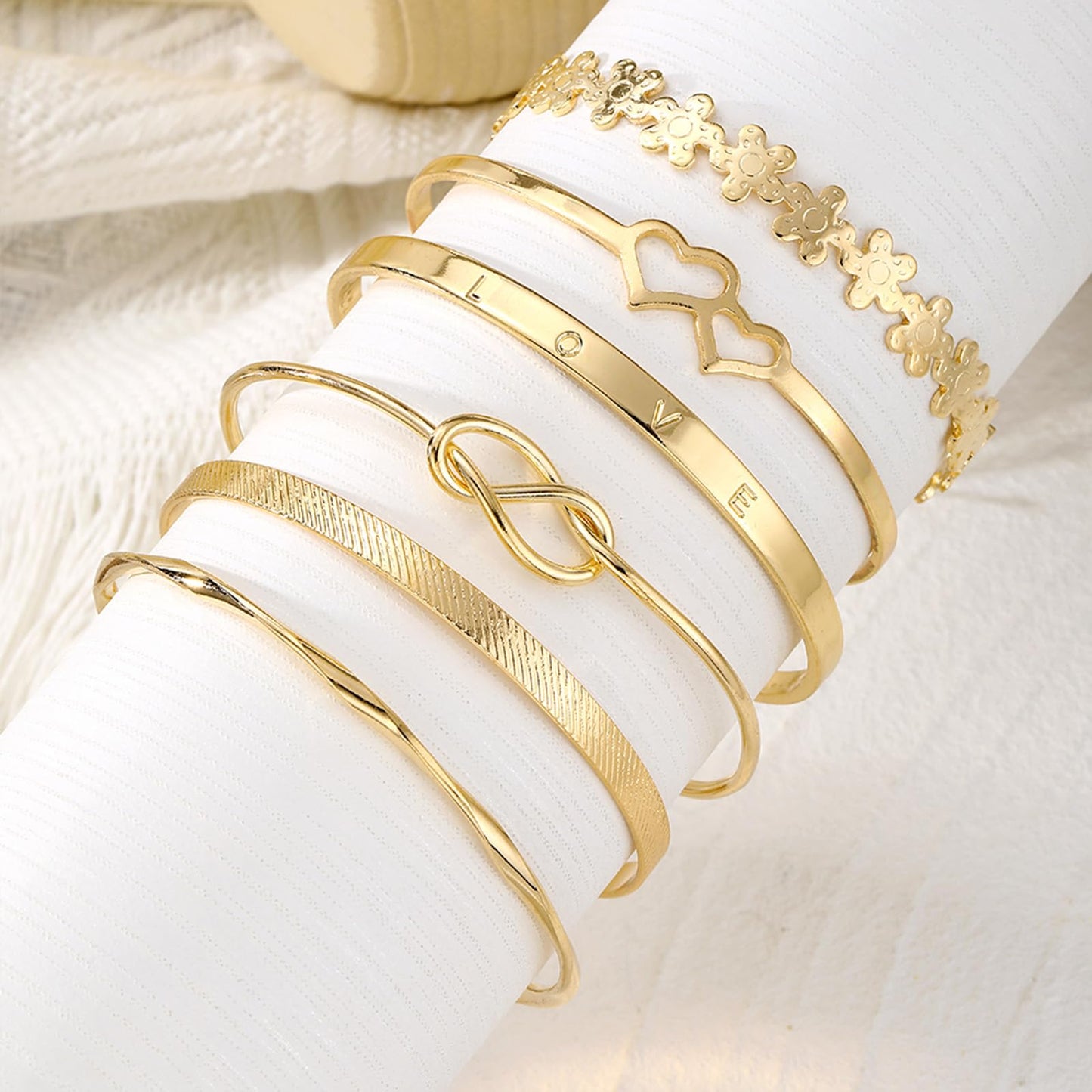 IFKM Gold Bangle Bracelets For Women, 14k Gold Plated Multi Layer Stackable Cuff Bracelet Set, Trendy Elegance Charms Non Tarnish Minimalist Textured Boho Jewelry Gift for Women (6pcs LOVE Flower)