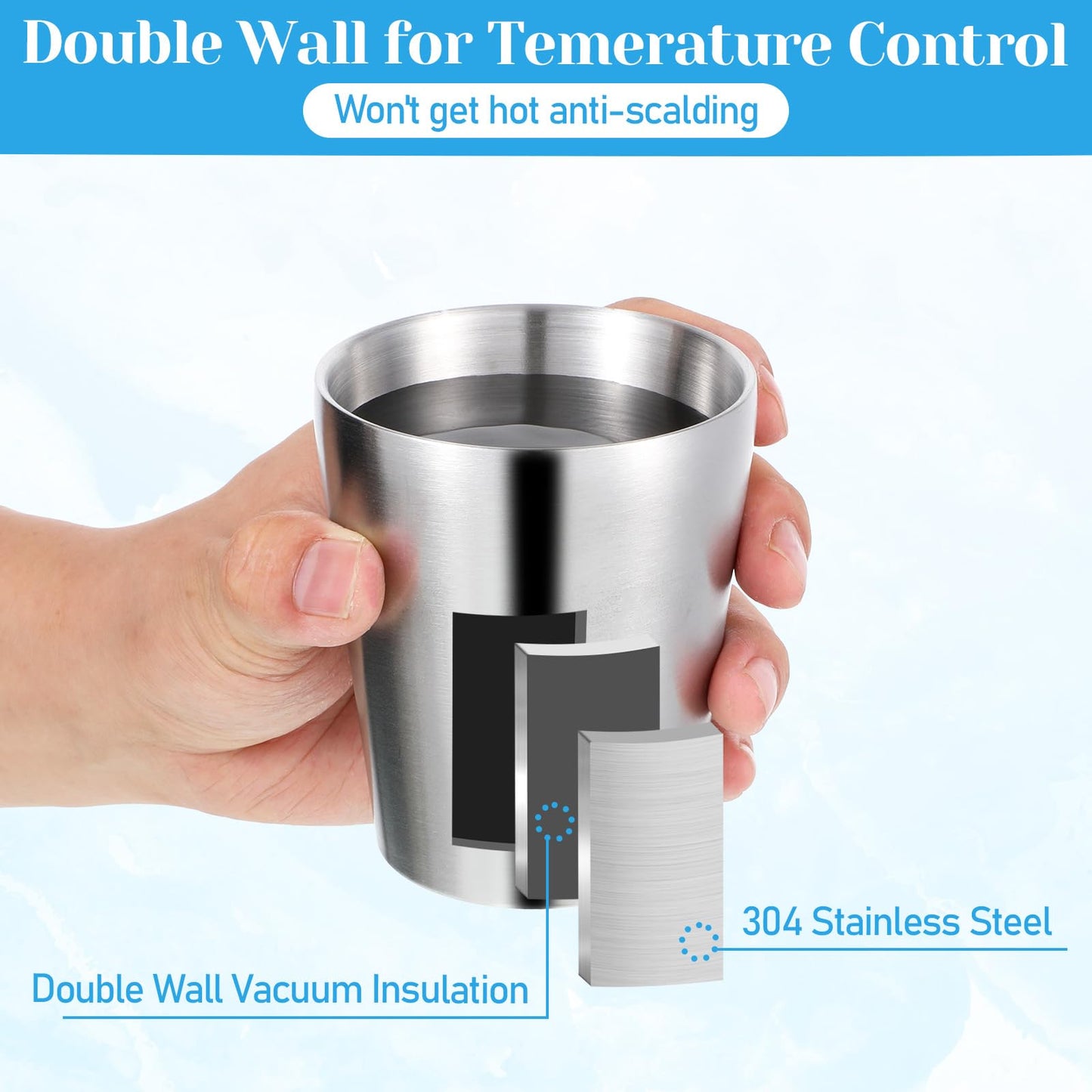 Oqqlin 8 Pcs 10 Oz Stainless Steel Cups, Metal Double Wall Vacuum Tumbler Silver Stackable Unbreakable Drinking Glasses for Party, Camping, Home, BBQ