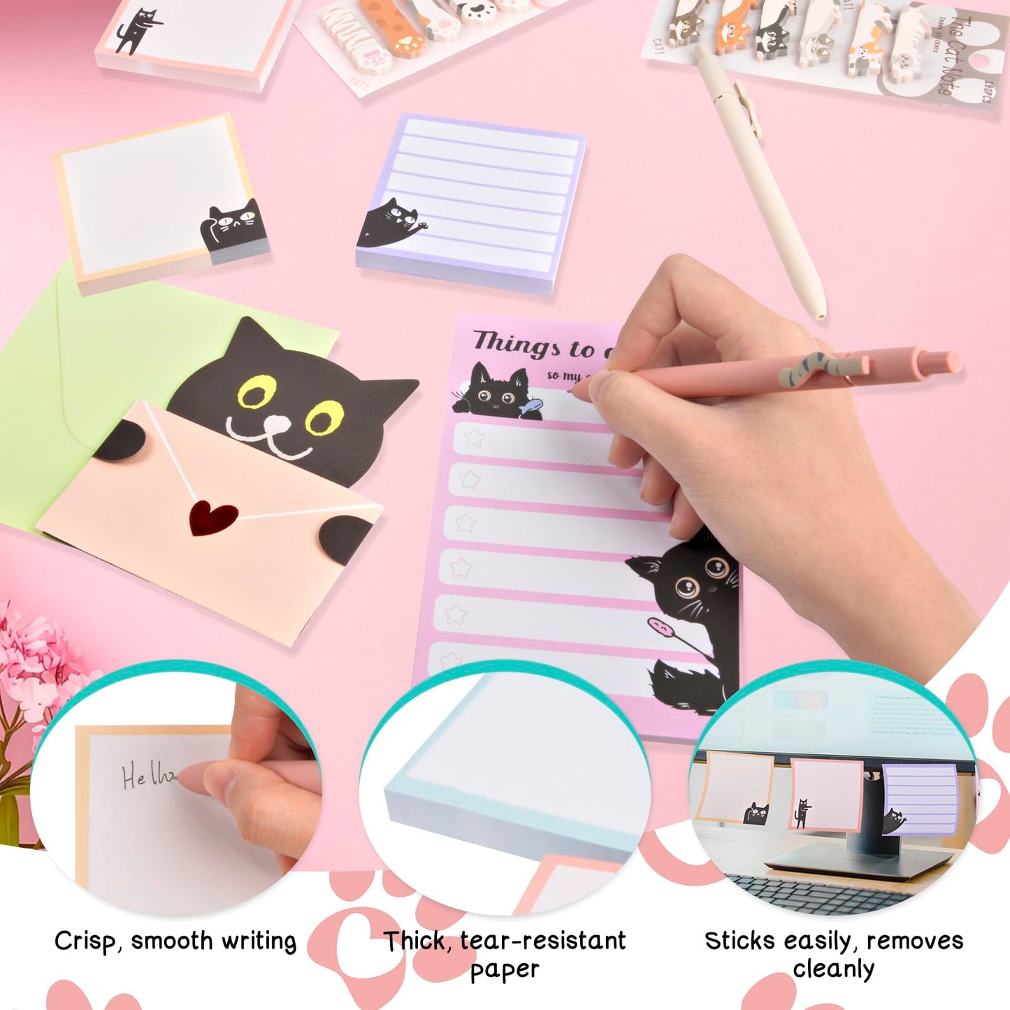 76 Pcs Cat Lover Gifts for Women - Cute Office Sticky Notes Supplies, Cat-themed Pens Stationery Set, Post Notepads Desk Accessories, Small Girls Funny Stuff, Mini Cat Clips Decor, Unique School Items