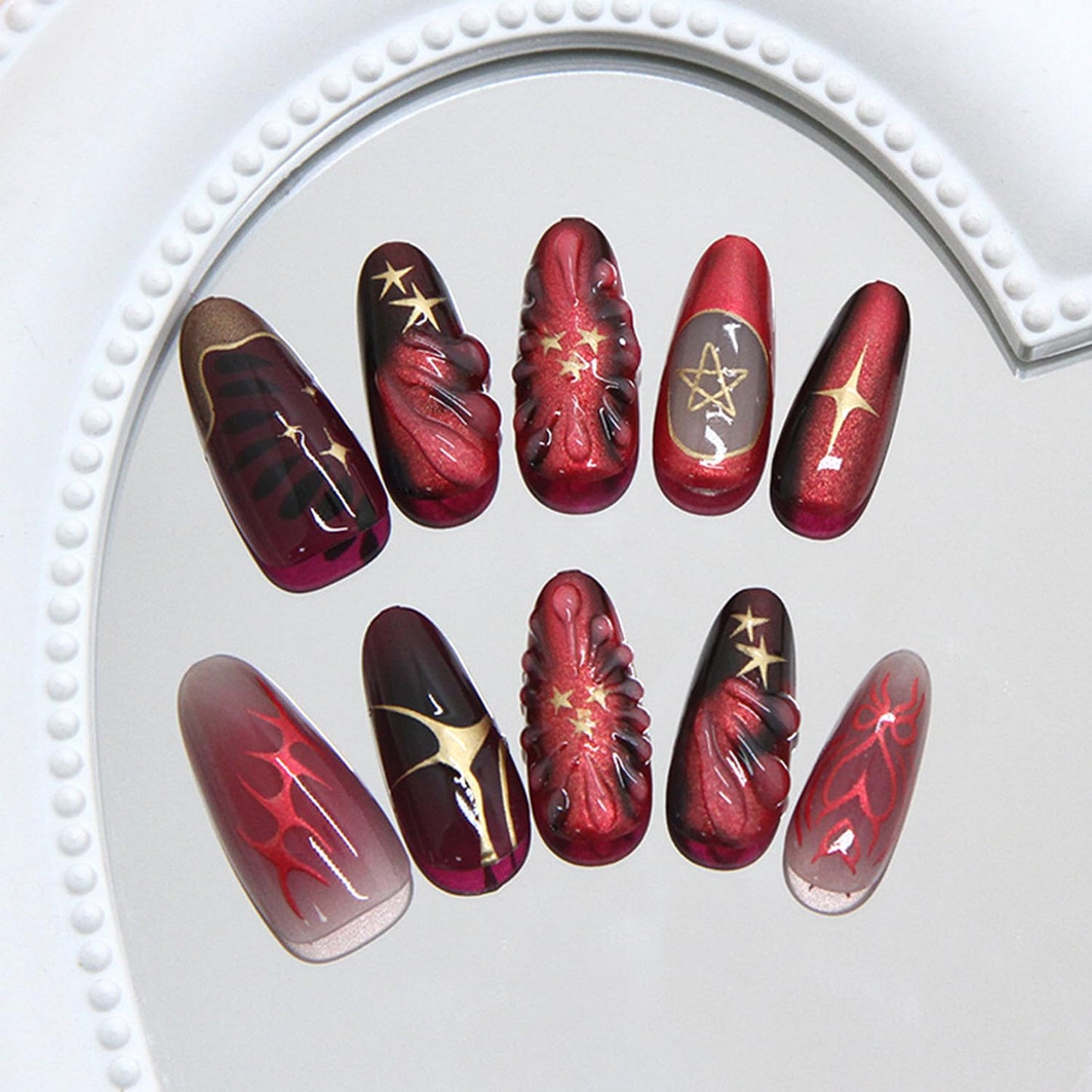 3D Handmade Press on Nails Gold Star Bow False Nails with Design Medium Almond Red Natural Glue on Nail Glossy Acrylic Stick on Nail for Women