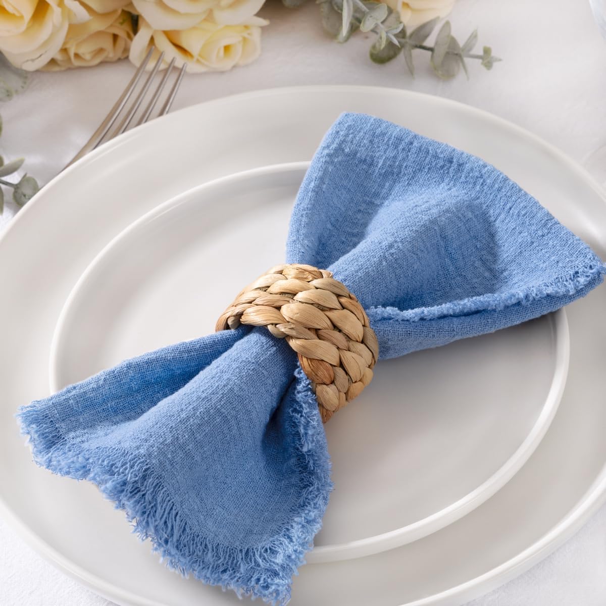 MLMC 6 Pack Dusty Blue Cloth Napkins with Fringe Boho Linen Napkins Washable Reusable Rustic Dinner Table Decor 17"×17" for Wedding Party Bridal Baby Shower Home Decor