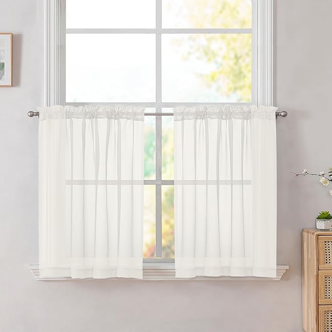 Simplebrand Ivory Tier Curtains for Kitchen 24 Inches Long 2 Panels Set, Rod Pocket Cafe Curtain Light Filtering Sheer Short Curtains for Bathroom/Basement Half Window 42 x 24 Inch, 2Pcs, Ivory