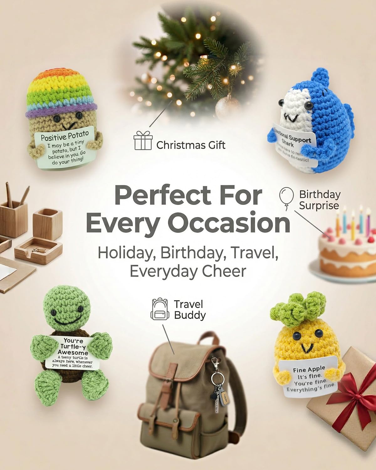 OAOAPLOS Positive Crochet Animals 4 Pcs Set: Handmade Emotional Support Crochet, Whimsical Crochet with Adorable Positive Potato - Meaningful Gift or Home Decor & Gift for her