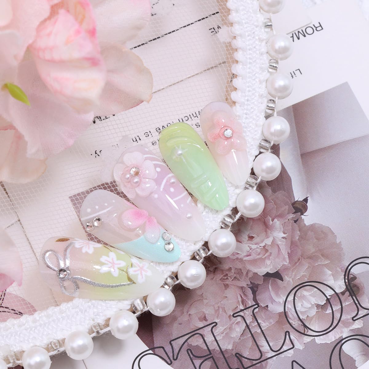 24Pcs 3D Flower Press on Nails Medium Almond Fake Nails with Silver Glitter Bow Rhinestones Design Cute Butterfly False Nails Full Cover Artificial Glue on Nails Stick on Nails for Women Acrylic DIY