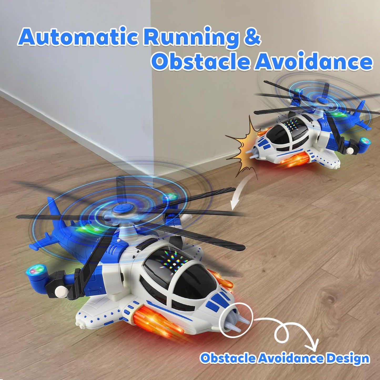 victob Light-Up Helicopter Toy for Toddlers, 360° Rotating Airplane Toy with Music and Bump & Go, Birthday Gift for Boys Ages 3-5 (Blue)