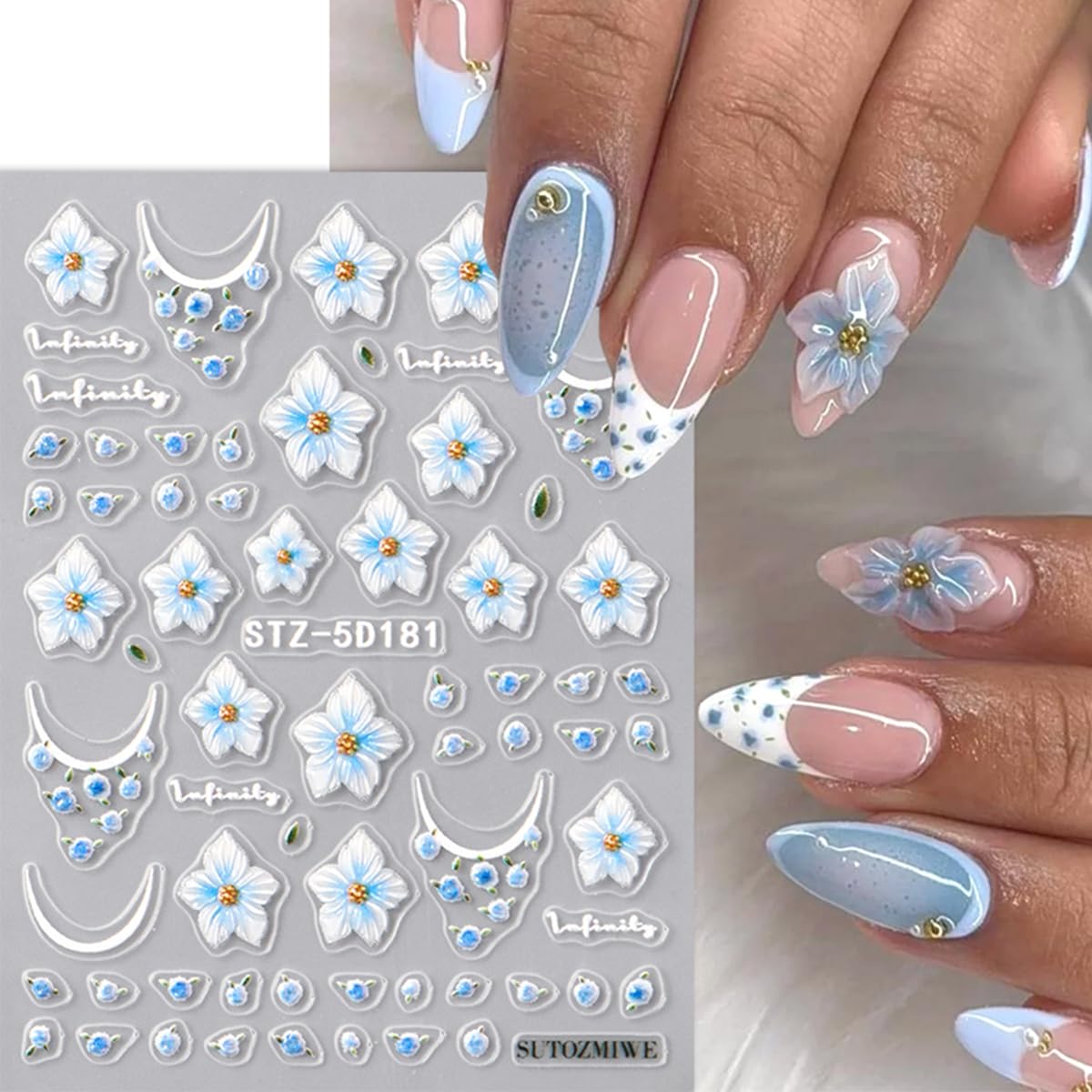 4Psc Summer Flower Nail Art Stickers 5D Embossed Self-Adhesive Hawaiian Floral Nail Stickers Hibiscus Flowers Nail Decals French Design Nail Decoration Supplies for Women DIY Manicure
