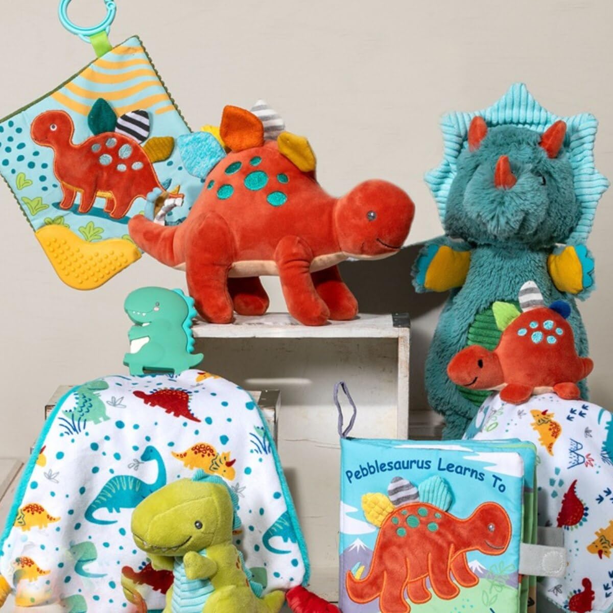 Mary Meyer Pebblesaurus Crinkle Teether Toy with Baby Paper and Squeaker, 6 x 6-Inches, Dinosaur