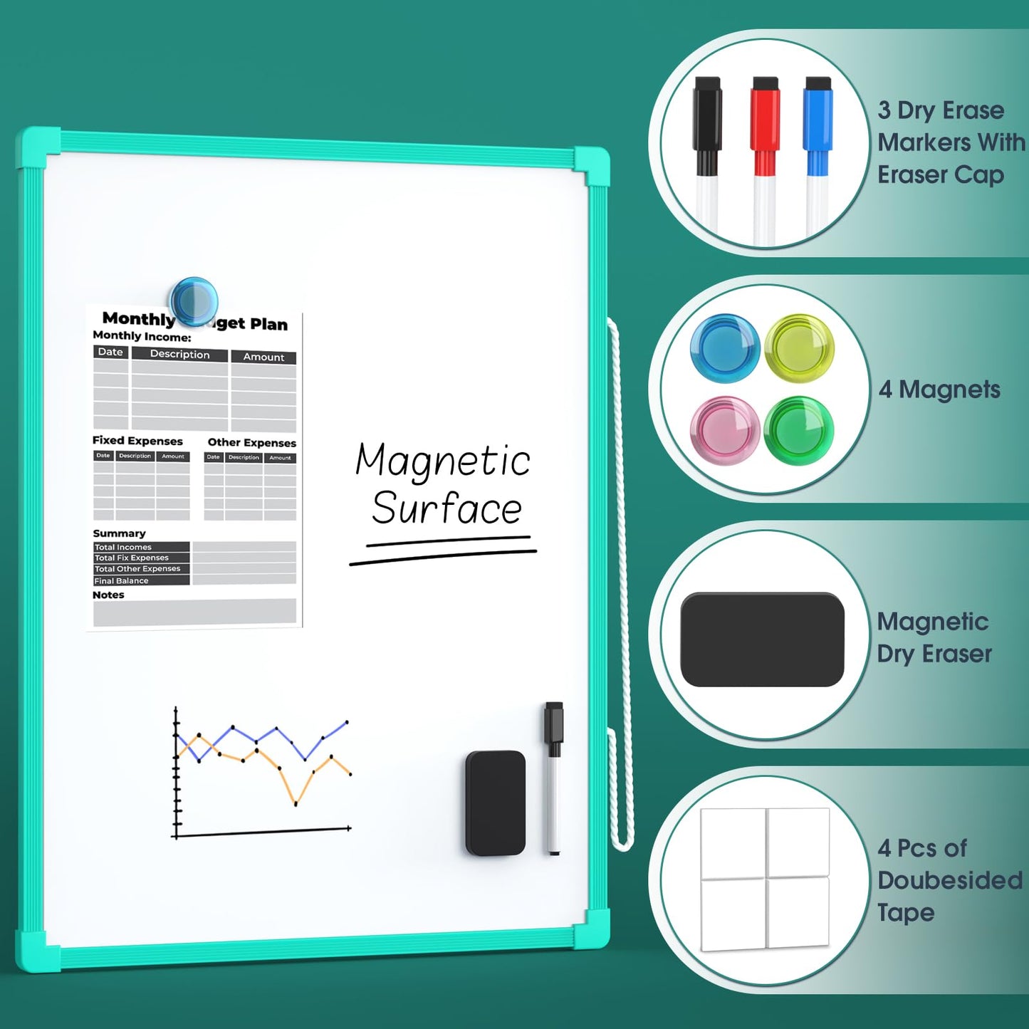 MaxGear Double-Sided Dry Erase Board for Wall, 16"x12" Hanging Whiteboard, Small Dry Erase White Board kit, Portable Whiteboard for Planning, Drawing, Memo, to Do List, Green Frame
