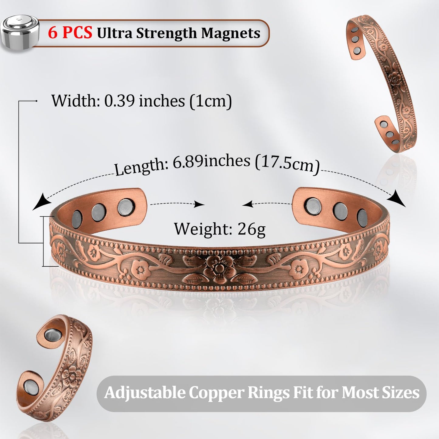 BioMag Copper Bracelet & Ring for Women, 99.99% Pure Copper Magnetic Bracelet Lymphatic Drainage Rings with 3500 Gauss Magnets, Adjustable & Flower Pattern