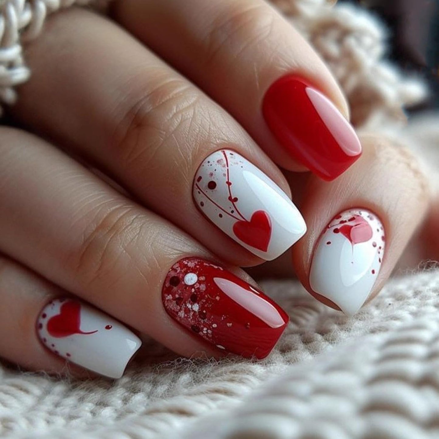 Heart Press on Nails Short Square Artificial Acrylic Fake Nails Red Love with Red Lines Design Valentines Artificial Fingernails Full Cover Glossy Glitter Stick on Nail for Women Festival Manicure