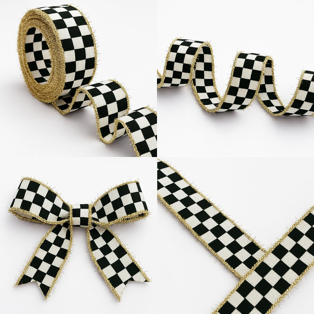 Fringed Edge Checked Ribbon – 1.2" Wide x 11 Yards Long – Wired Plaid Craft Ribbon for Christmas Decorations, Gift Wrapping, Holiday Wreaths, Bows, DIY Projects & Seasonal Crafts (V3)