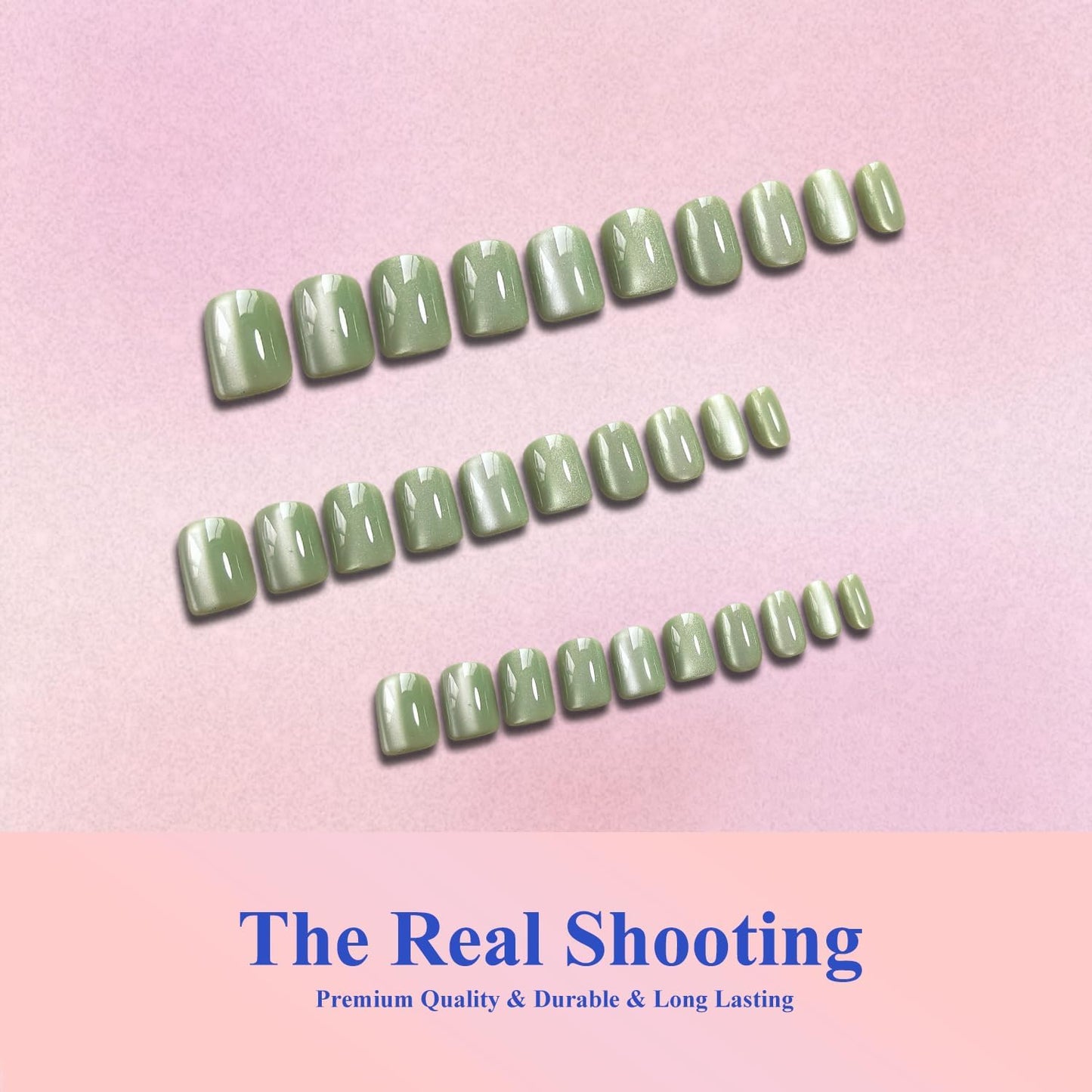 KQueenest Cat Eye Press On Nails Short - Light Green Press On Nails Square, 30 Pcs 15 Sizes Sparkly Glitter Fake Nails Press ons, Thick Quality, Reusable Small Glue on Nail for Women Summer, Matcha