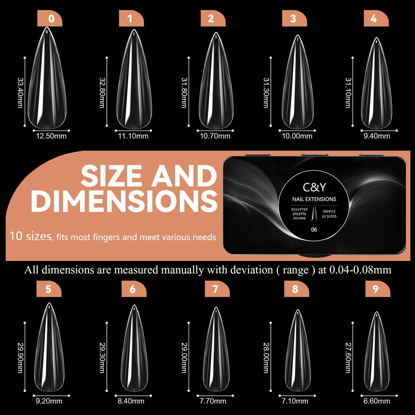 Cycullinyt 500pcs Sculpted XXLong Stiletto Soft Gel Nail Tips, Professional False Nail Tips with Box - 10 Sizes Full Cover Clear Acrylic Press On Fake Nails for Extension Manicure Salon DIY at Home